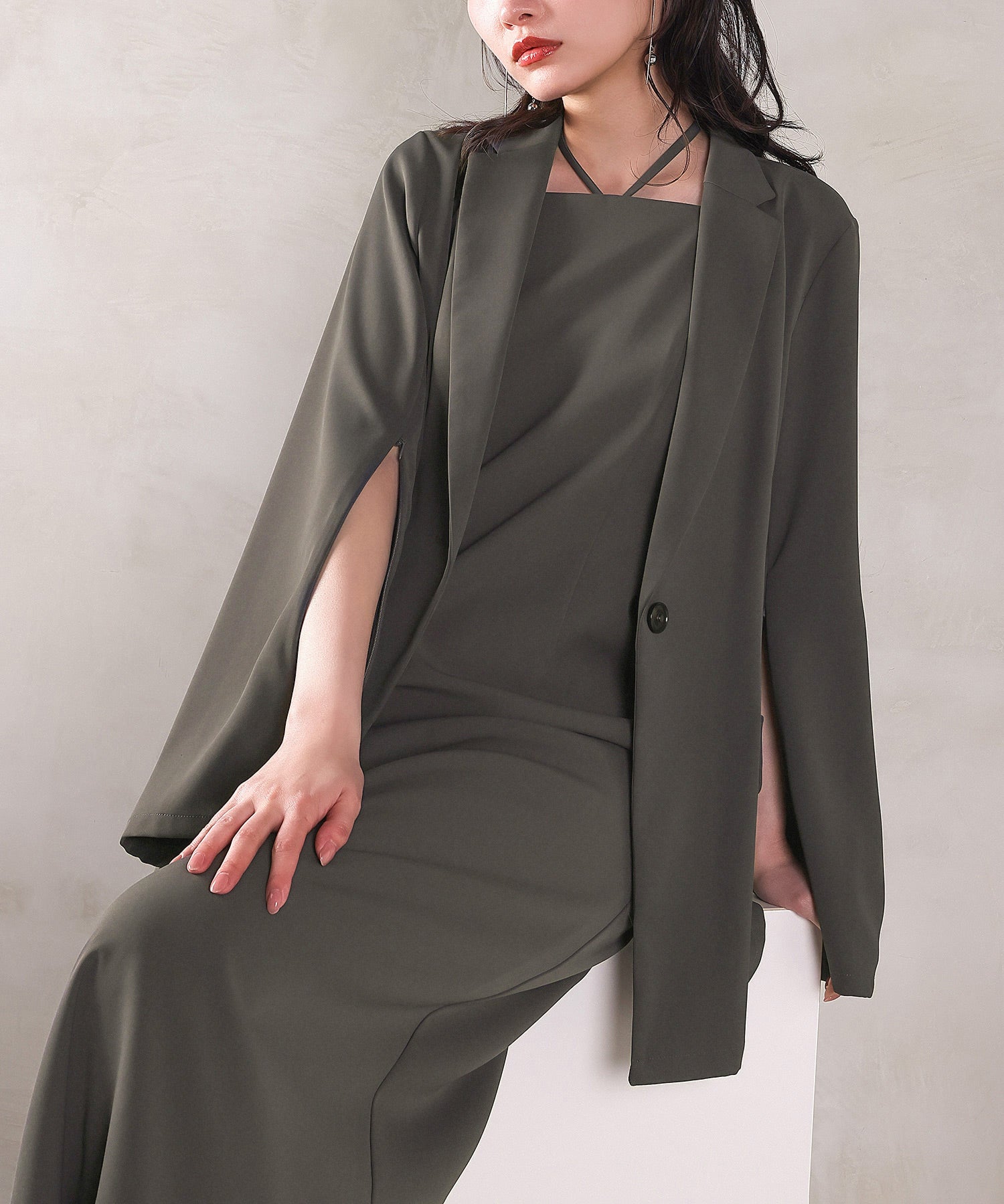 シングルジャケット 袖ファスナー Iライン ワンピース 2点セット
