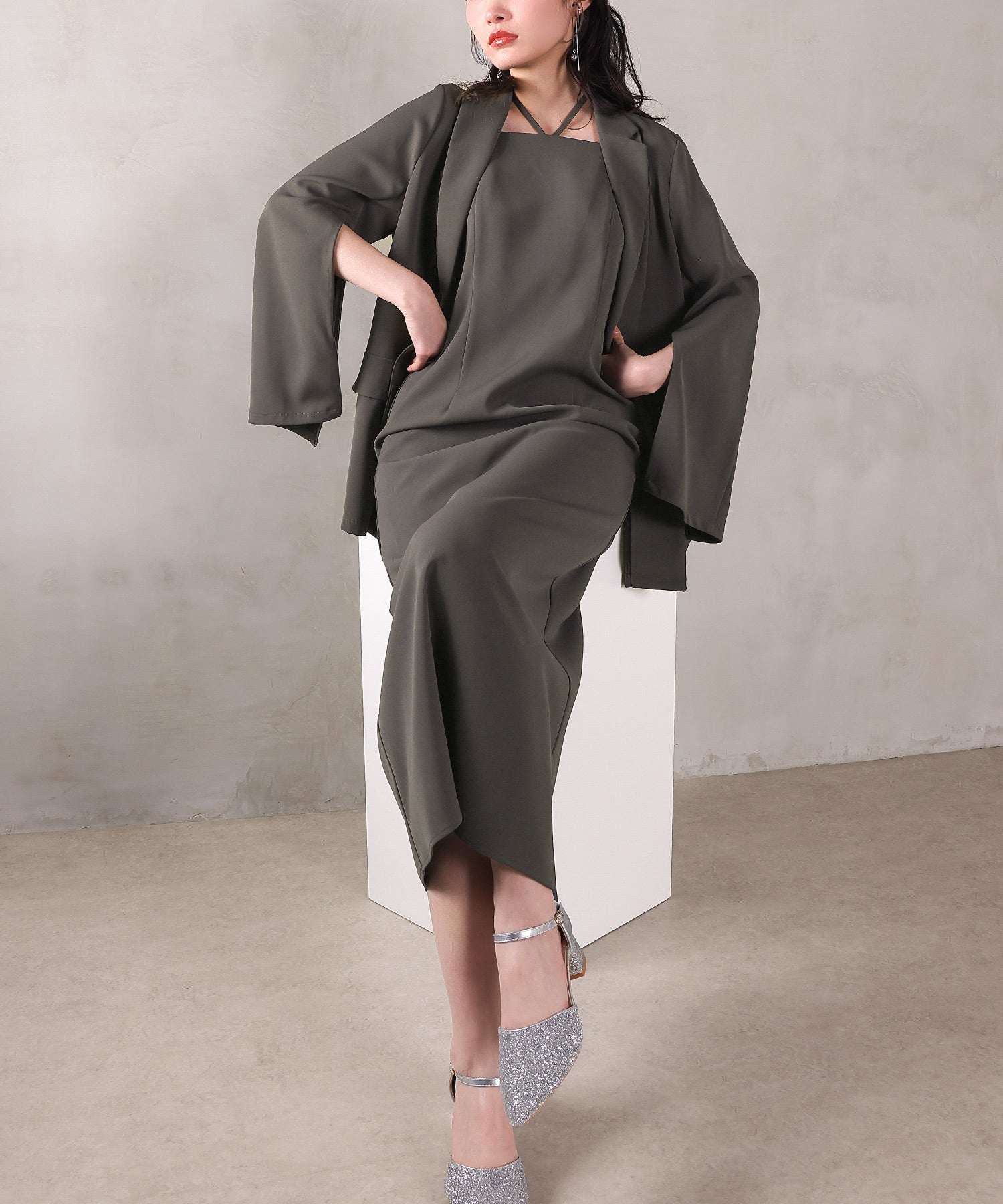 シングルジャケット 袖ファスナー Iライン ワンピース 2点セット