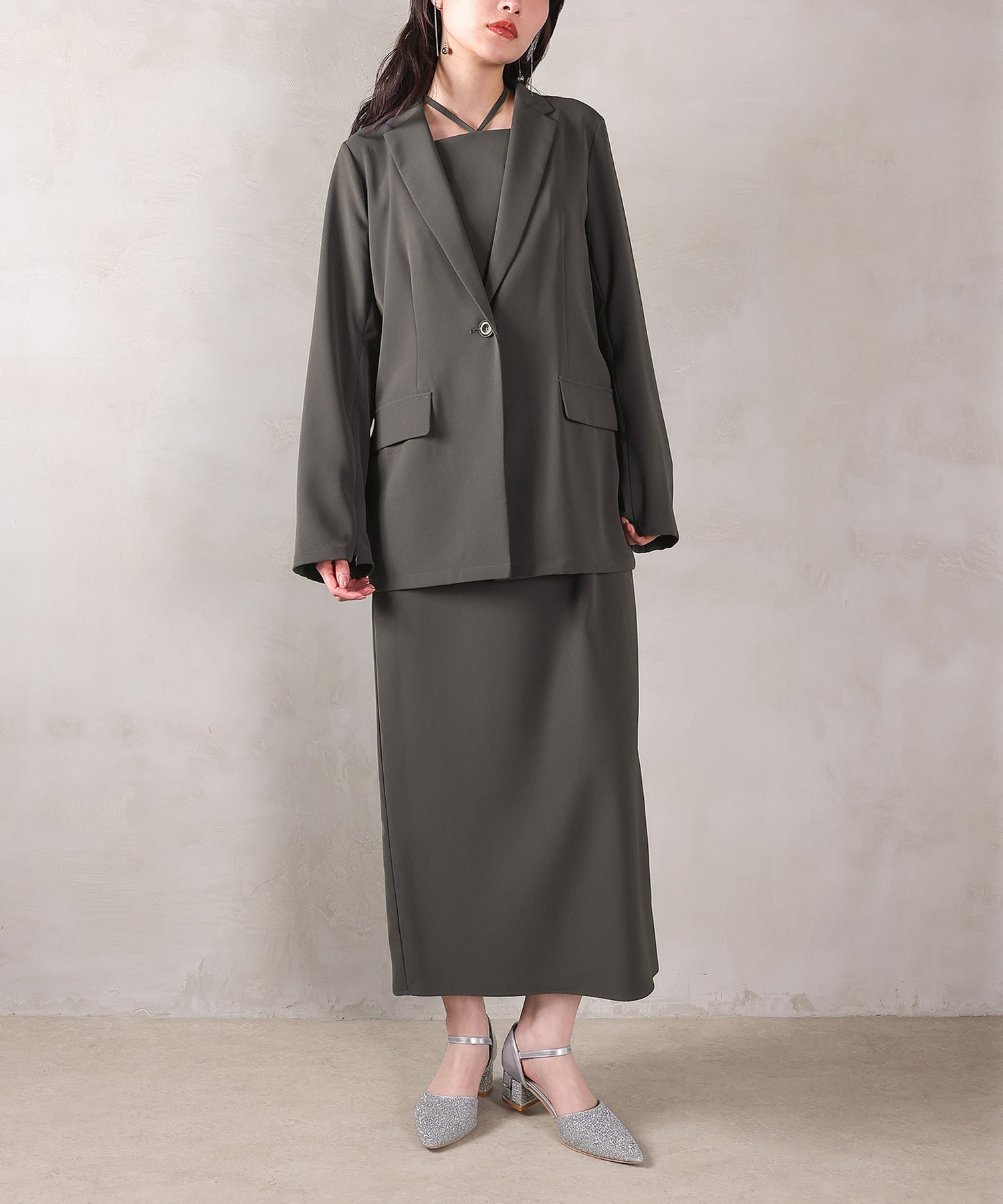 c354＊新品 ina ジャケット＋ワンピース 2点セット シングルジャケット 袖ファスナー Iライン ワンピース 2点セット