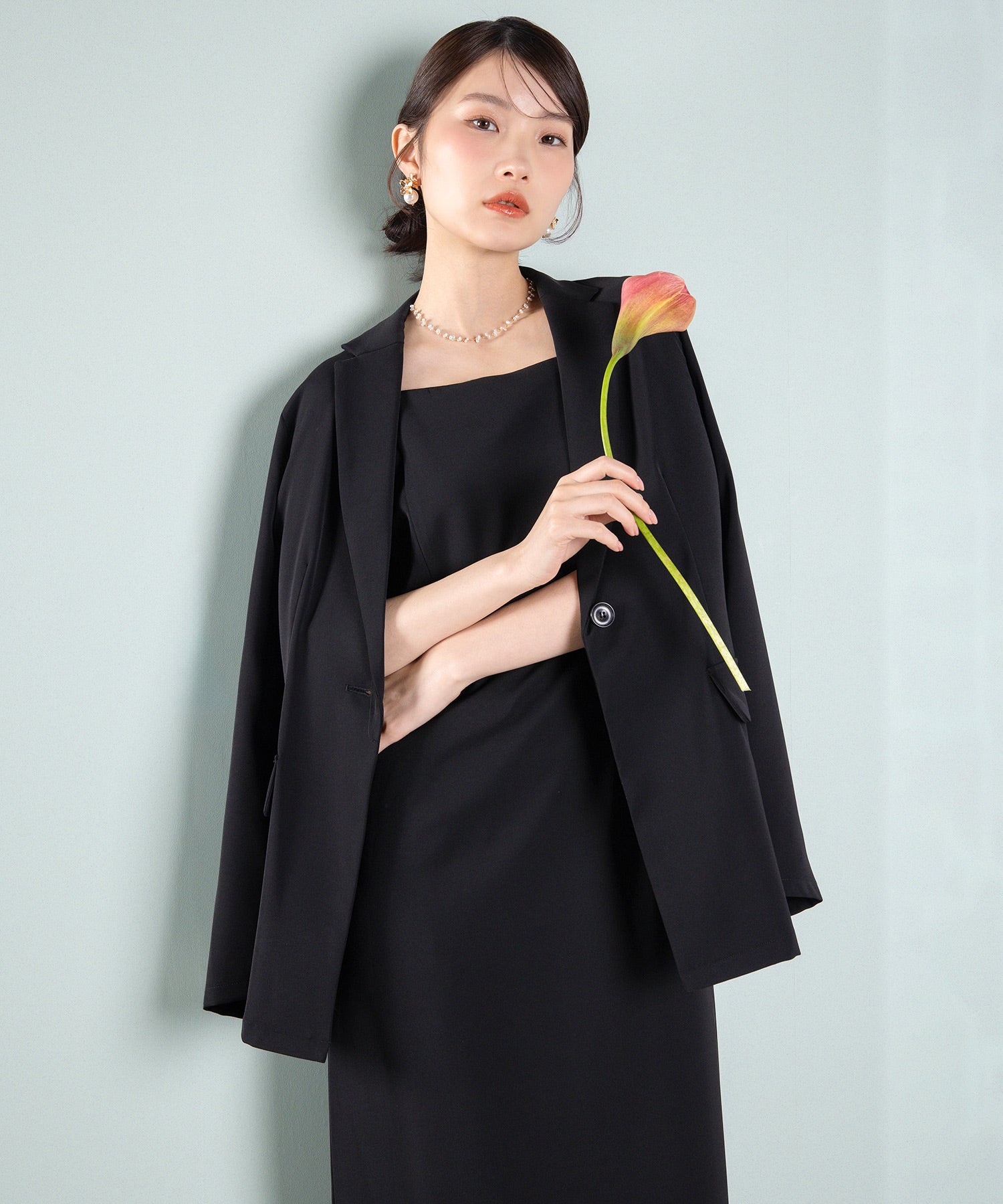 シングルジャケット 袖ファスナー Iライン ワンピース 2点セット