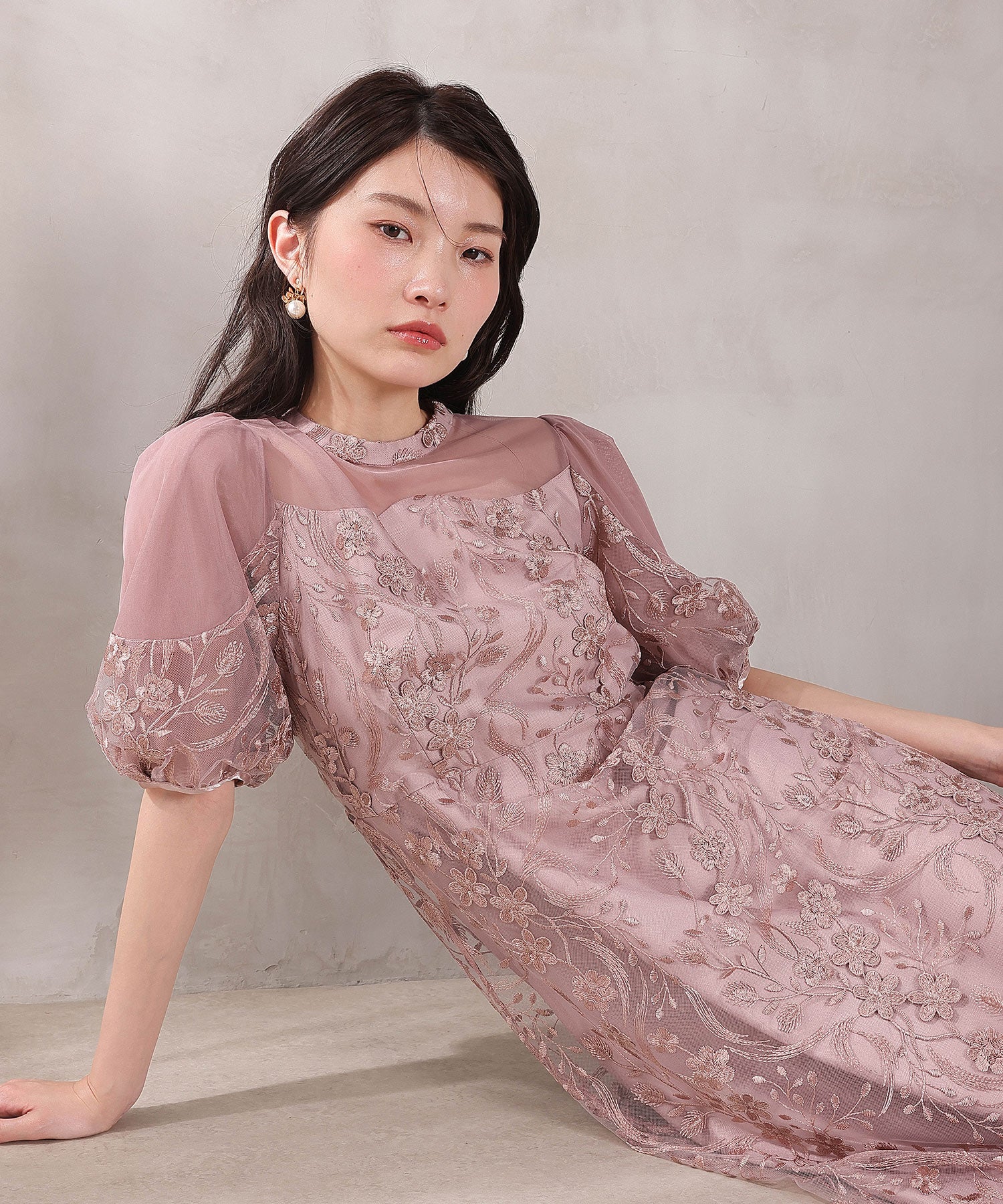 刺繍レース ウェーブデザイン チュールバルーンスリーブ Aラインワンピースドレス