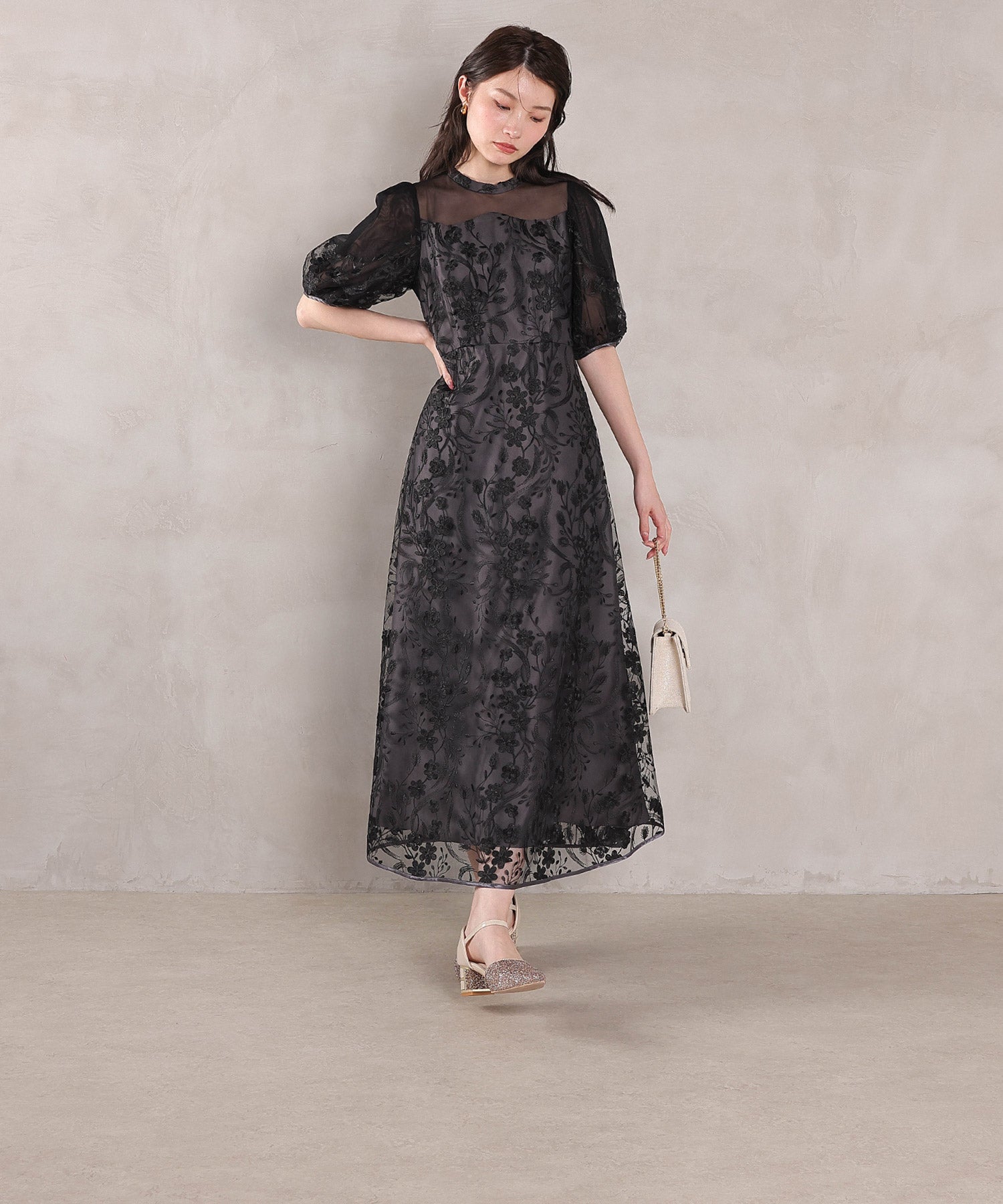 刺繍レース ウェーブデザイン チュールバルーンスリーブ Aラインワンピースドレス