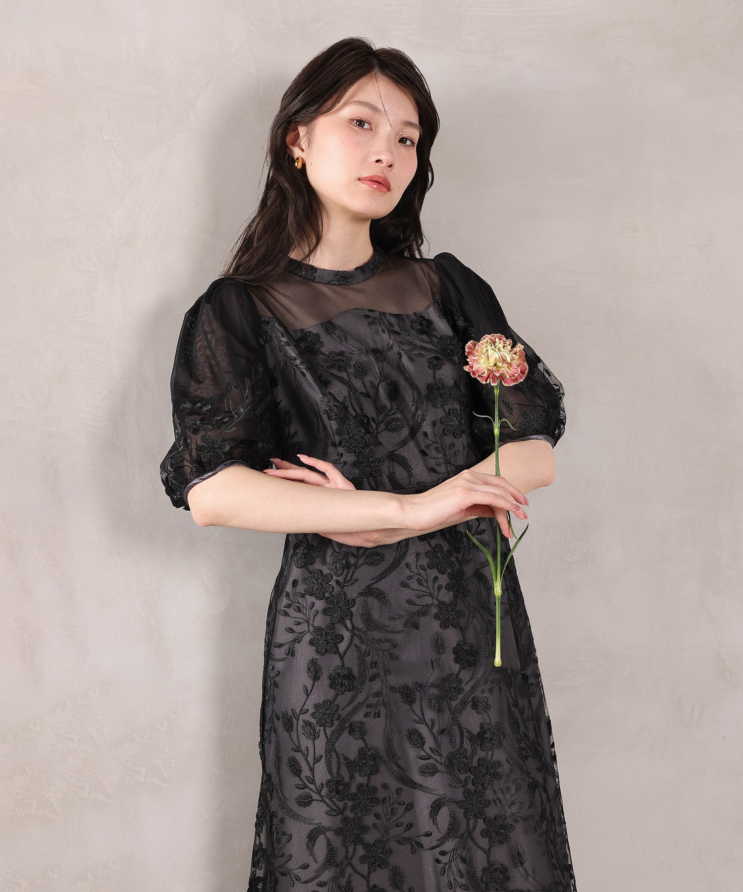 刺繍レース ウェーブデザイン チュールバルーンスリーブ Aラインワンピースドレス