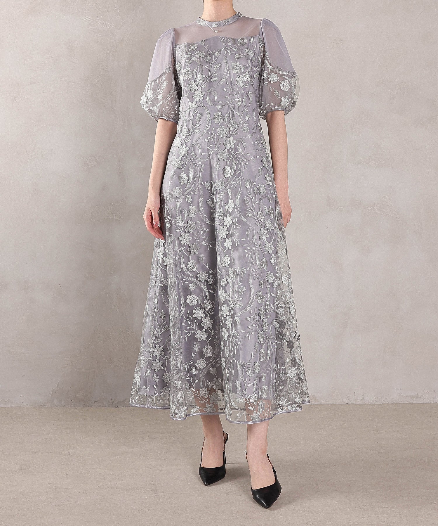 刺繍レース ウェーブデザイン チュールバルーンスリーブ Aラインワンピースドレス