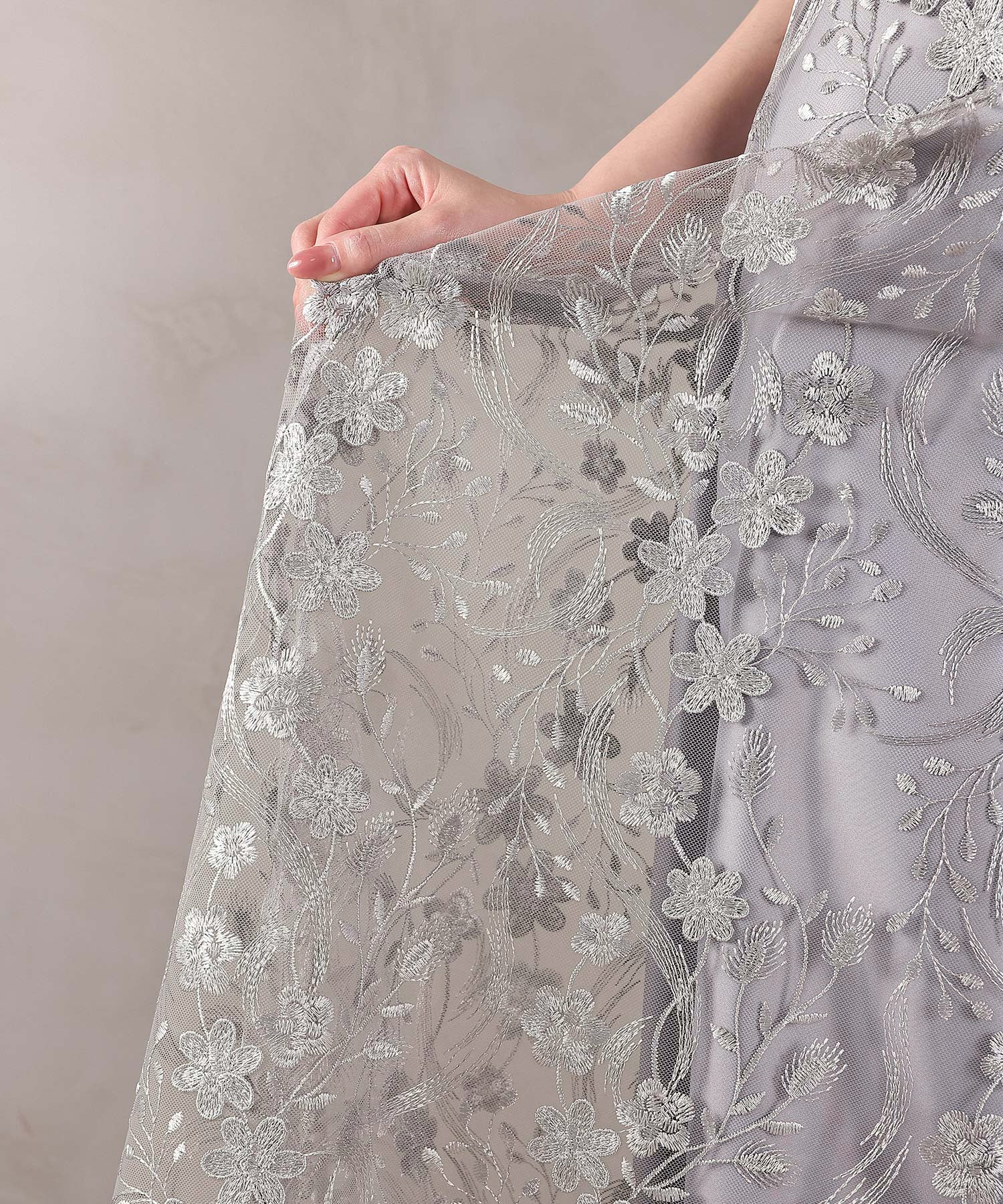 刺繍レース ウェーブデザイン チュールバルーンスリーブ Aラインワンピースドレス