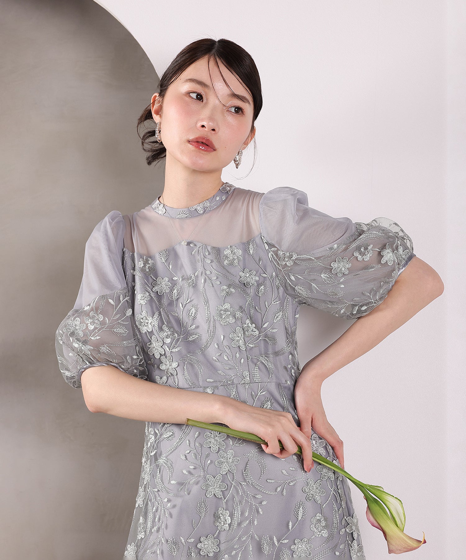 刺繍レース ウェーブデザイン チュールバルーンスリーブ Aラインワンピースドレス