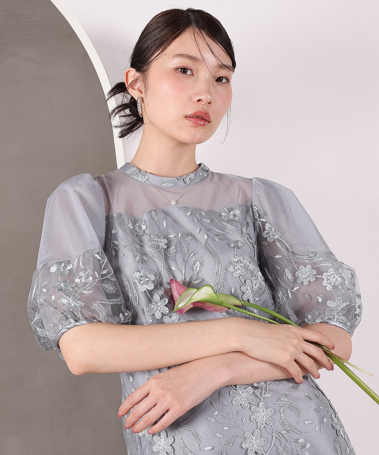 刺繍レース ウェーブデザイン チュールバルーンスリーブ Aラインワンピースドレス