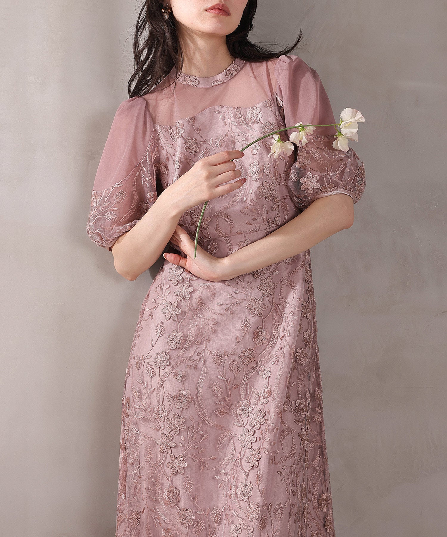 刺繍レース ウェーブデザイン チュールバルーンスリーブ Aラインワンピースドレス