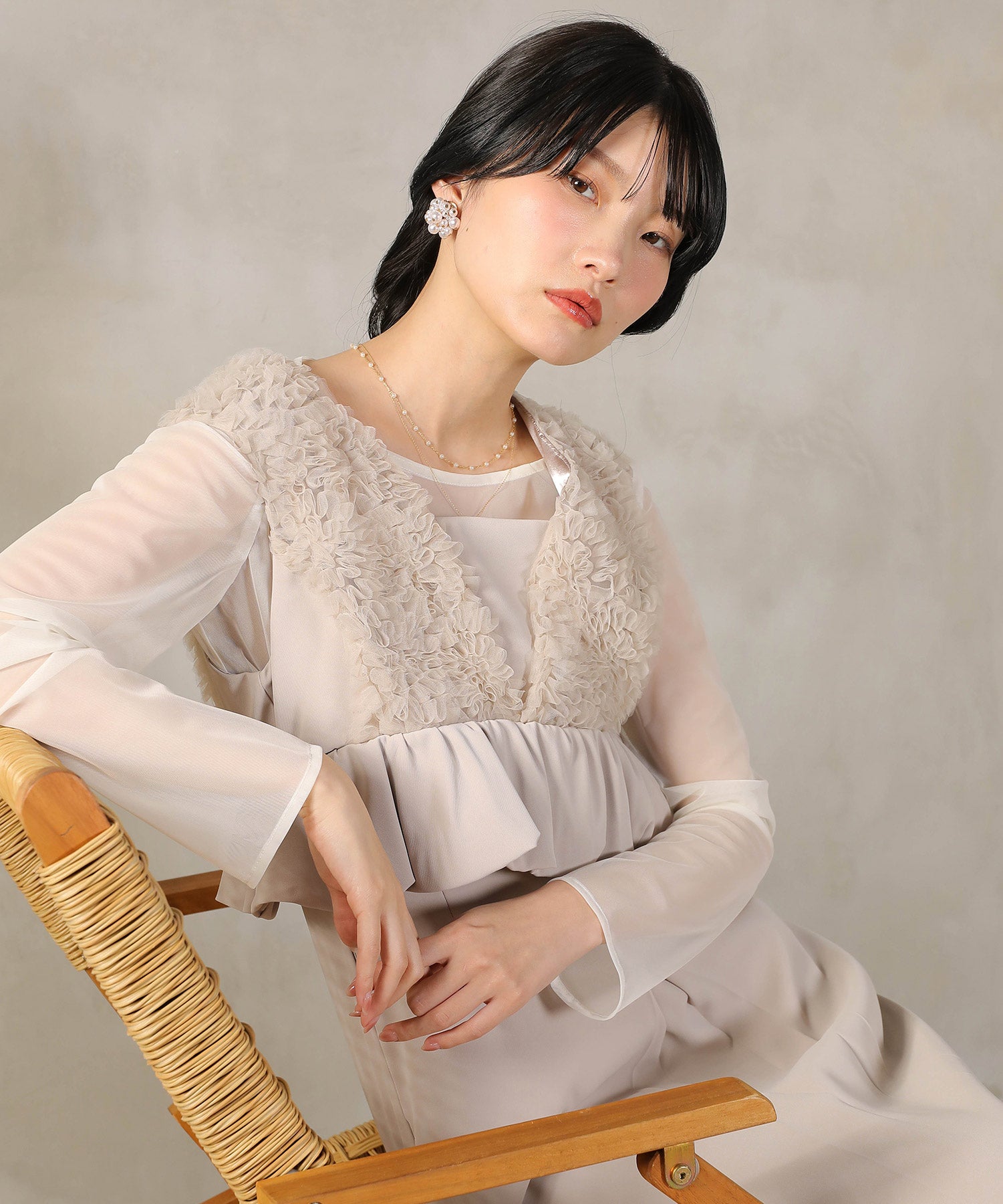 チュールフリルペプラム Iラインワンピースドレス シアートップス 2点