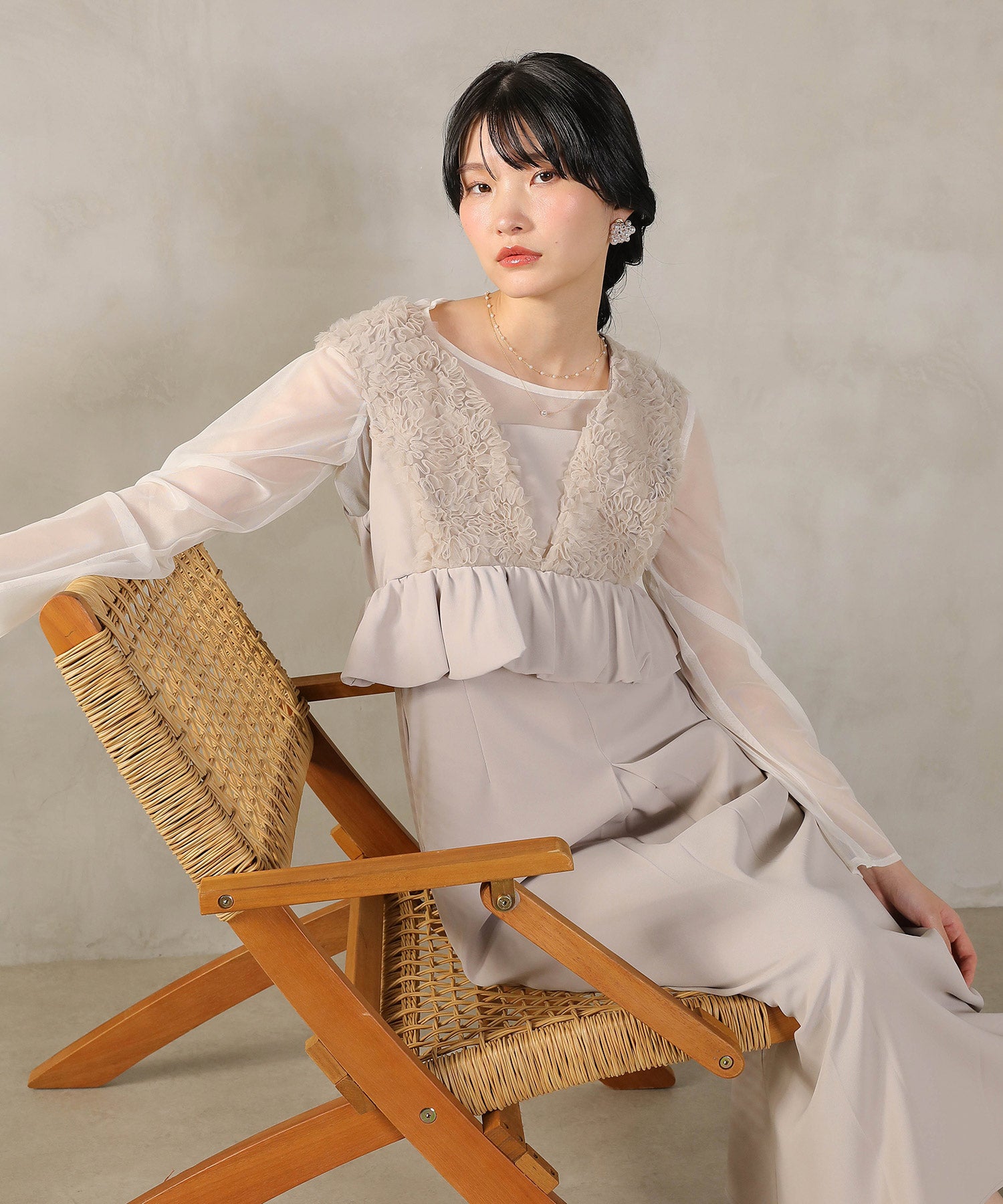 チュールフリルペプラム Iラインワンピースドレス シアートップス 2点