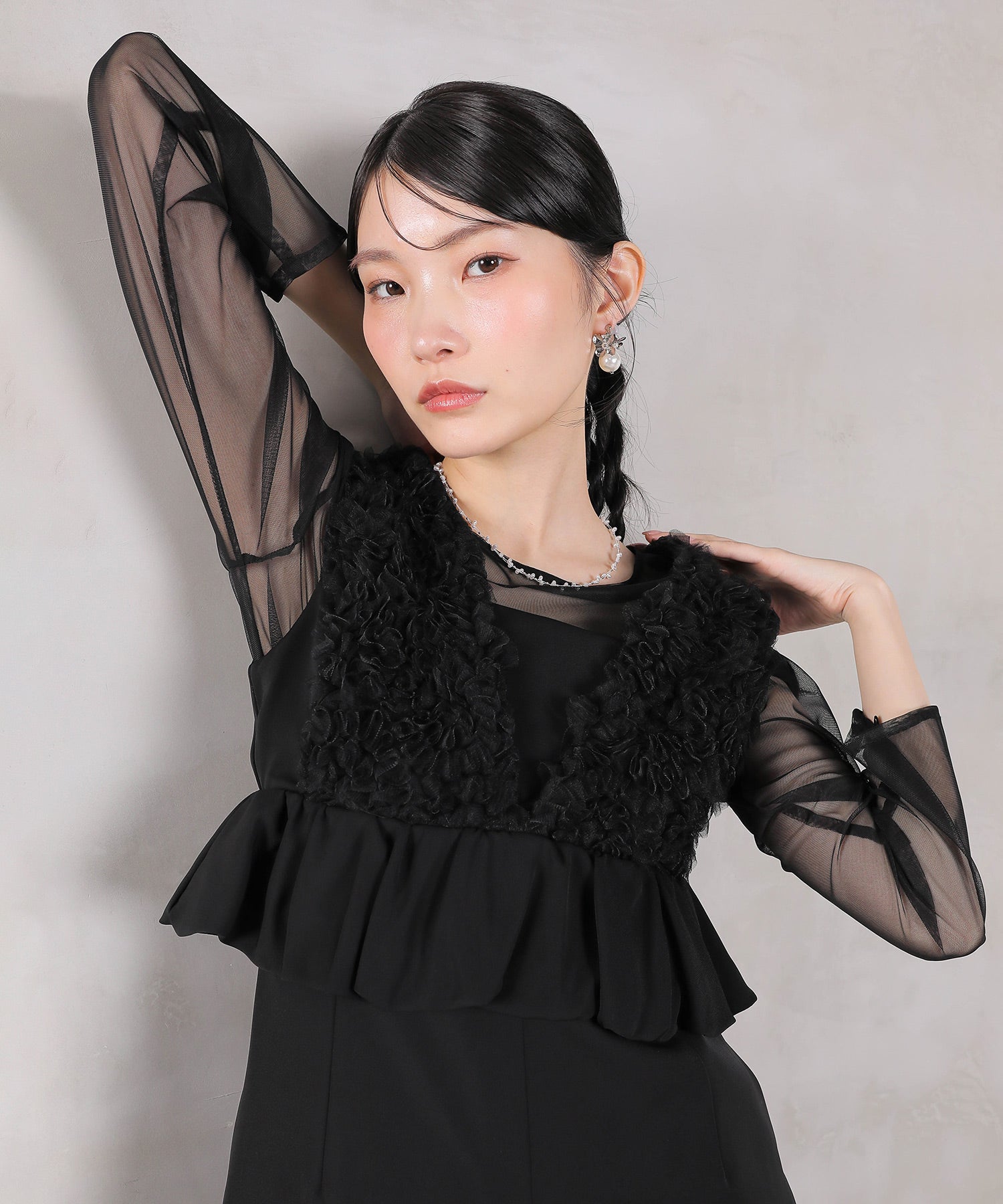 チュールフリルペプラム Iラインワンピースドレス シアートップス 2点セット