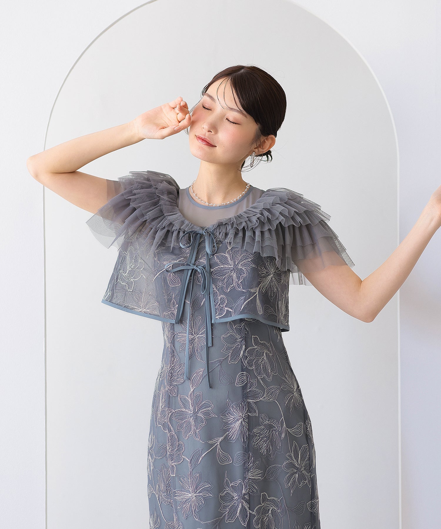 チュールフリルボレロ花柄刺繍レースマーメイドセットドレス