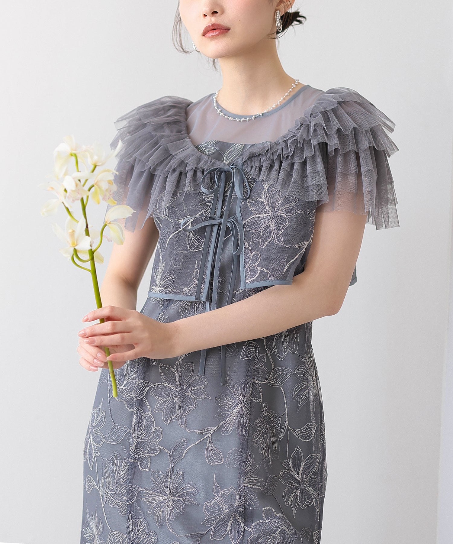 チュールフリルボレロ花柄刺繍レースマーメイドセットドレス