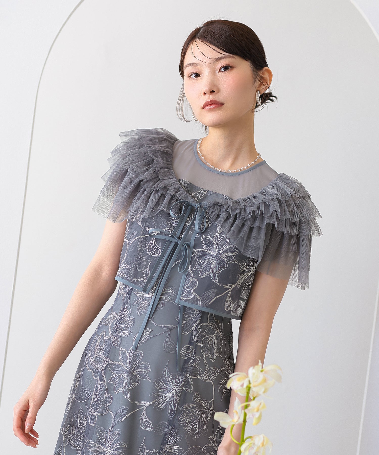 チュールフリルボレロ花柄刺繍レースマーメイドセットドレス