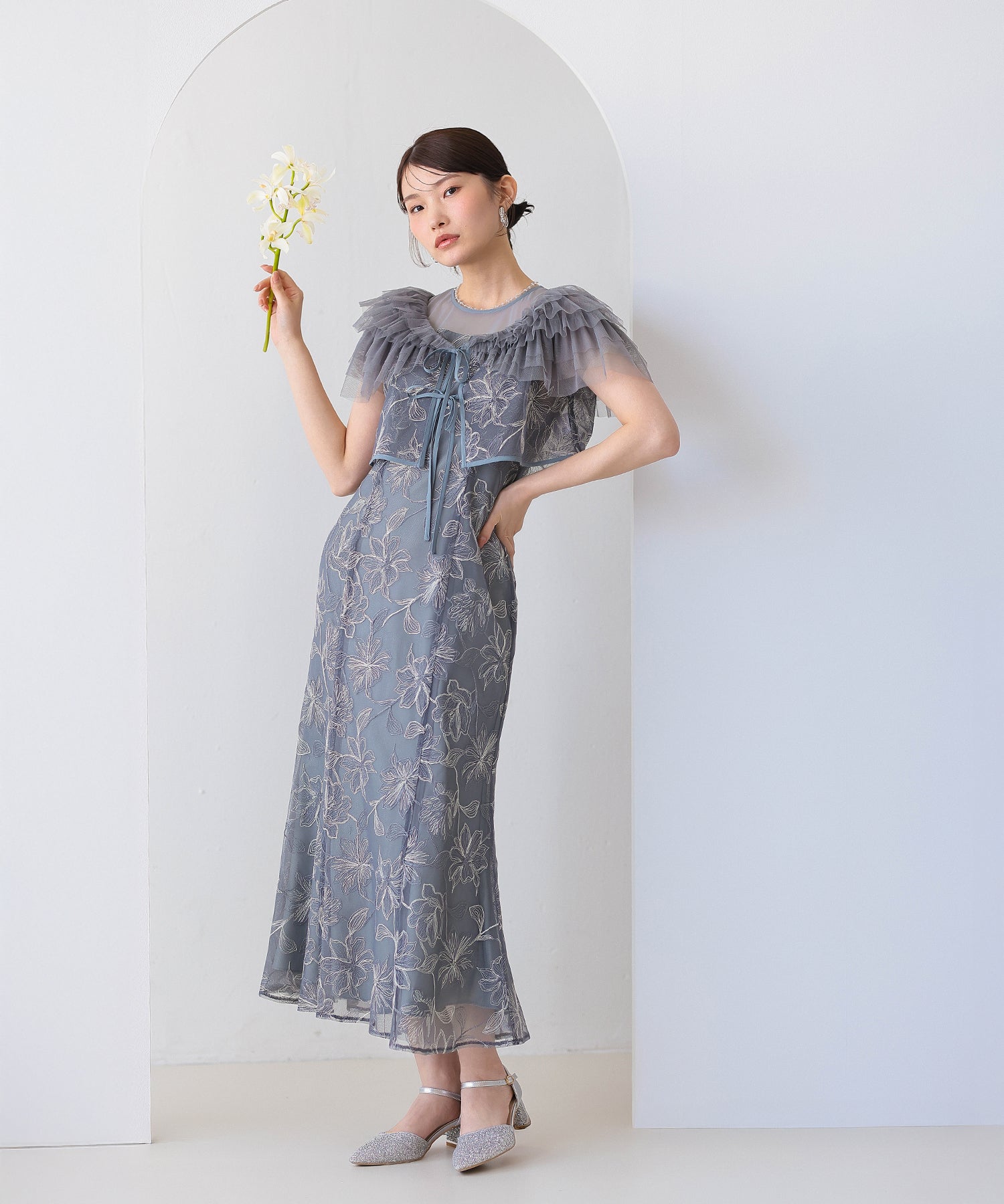チュールフリルボレロ花柄刺繍レースマーメイドセットドレス