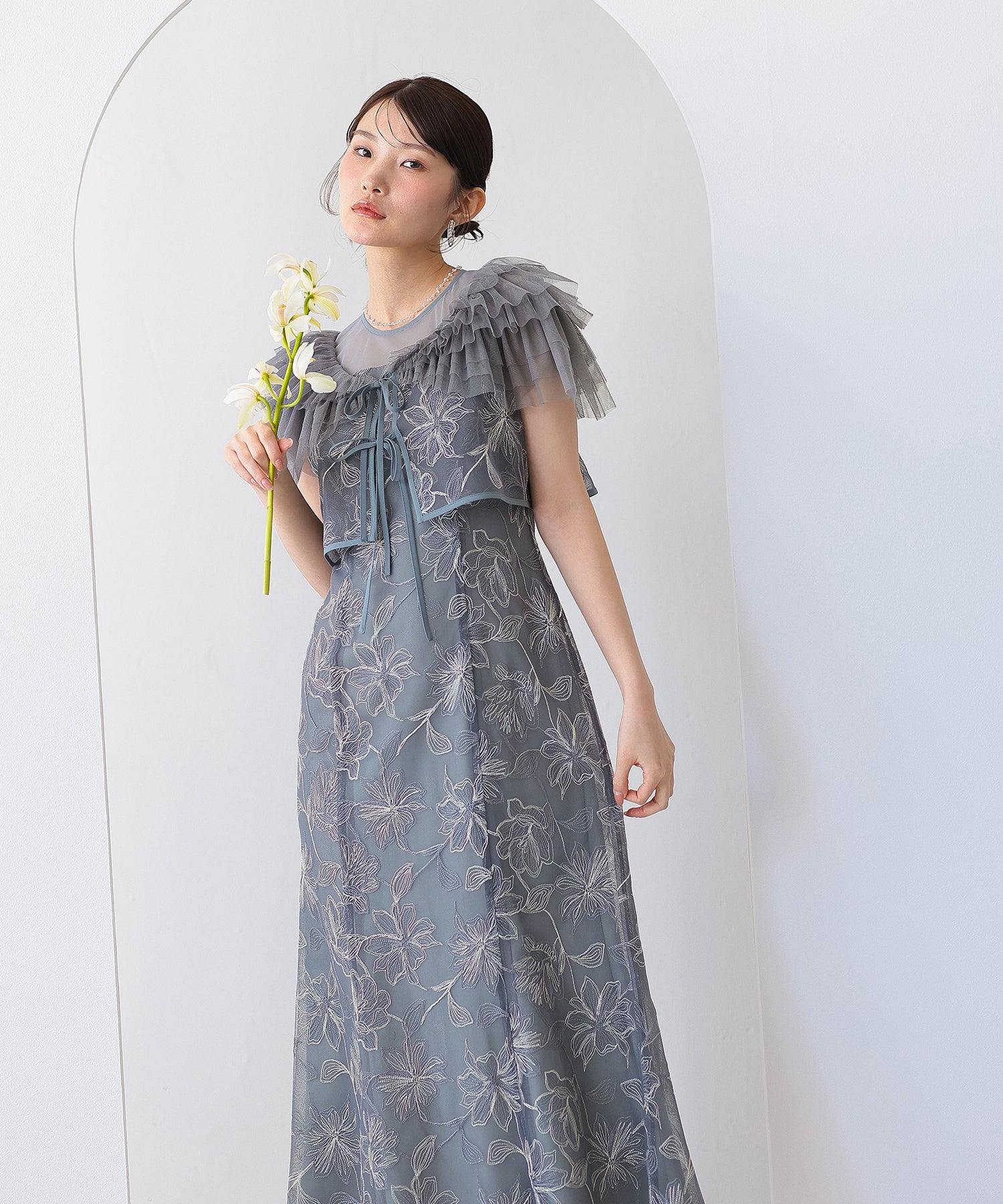 チュールフリルボレロ花柄刺繍レースマーメイドセットドレス