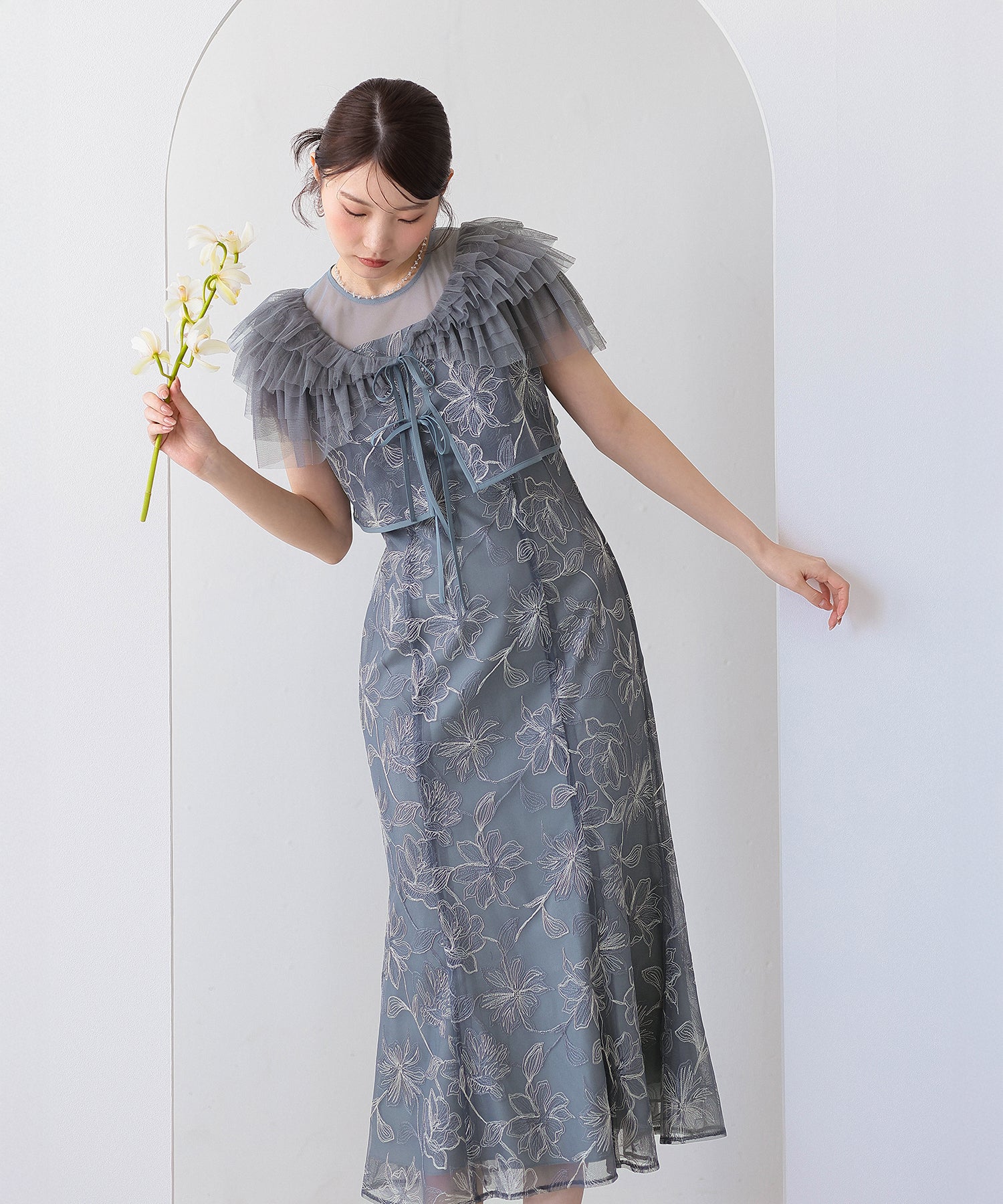 チュールフリルボレロ花柄刺繍レースマーメイドセットドレス