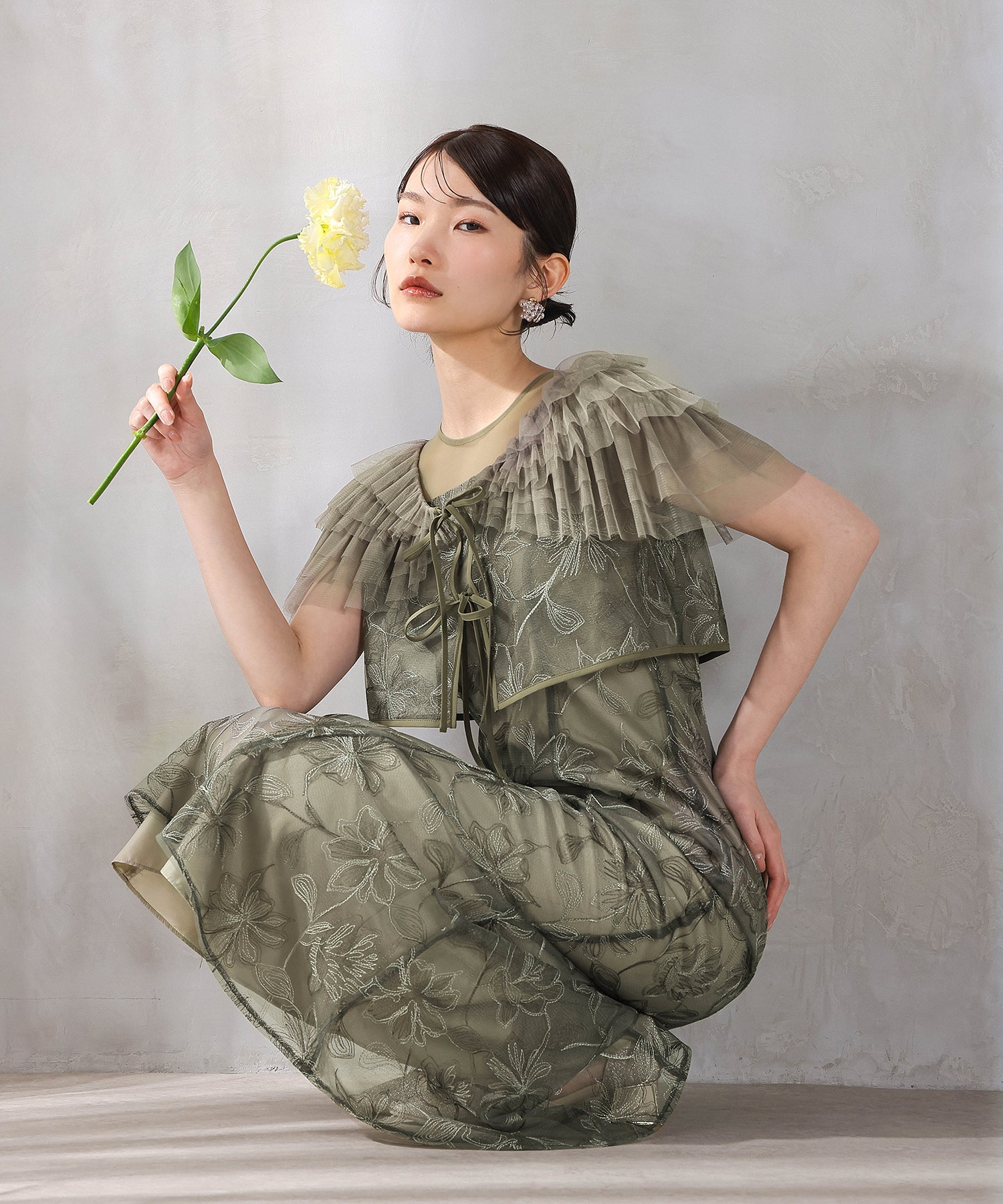 チュールフリルボレロ花柄刺繍レースマーメイドセットドレス