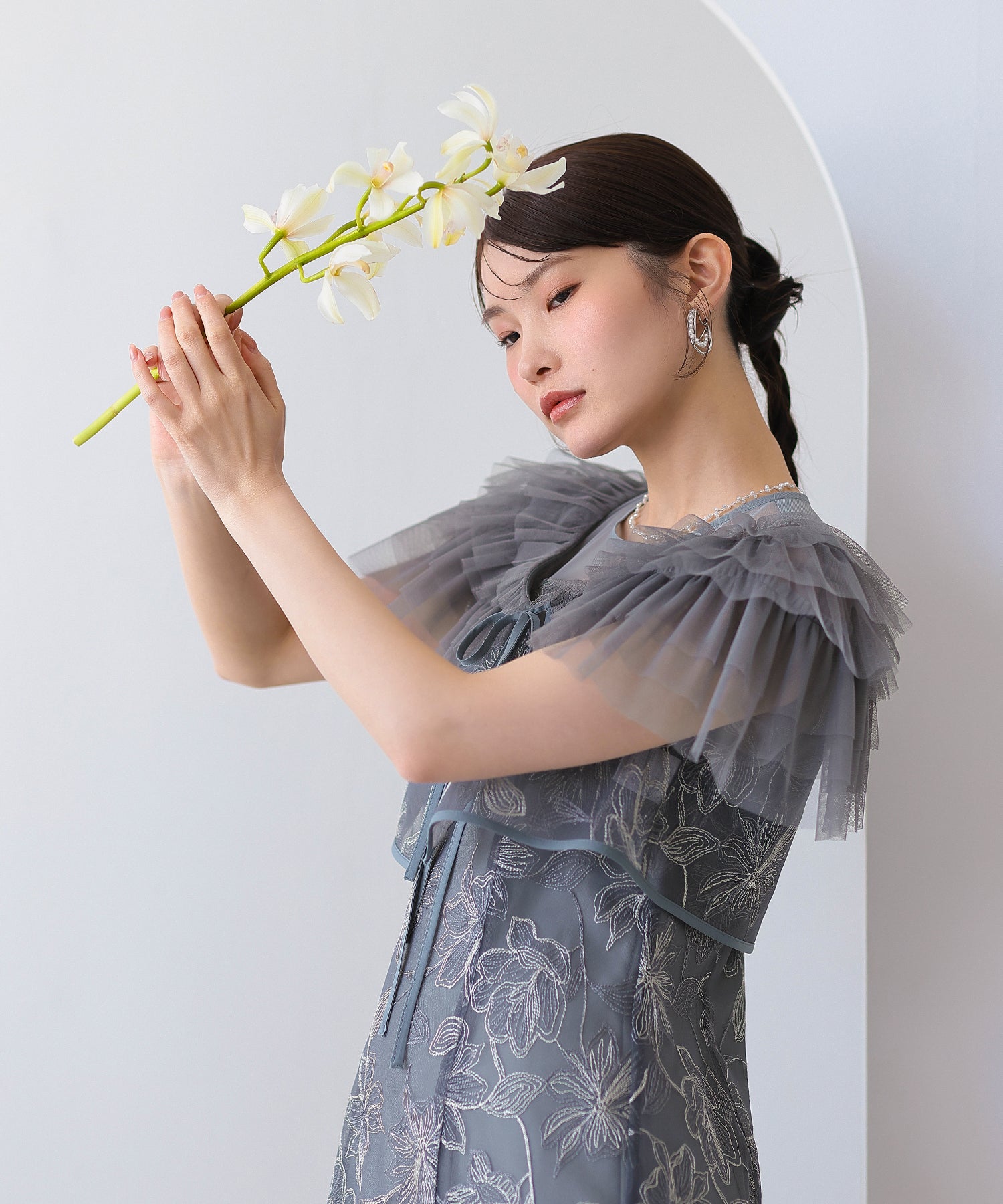チュールフリルボレロ花柄刺繍レースマーメイドセットドレス