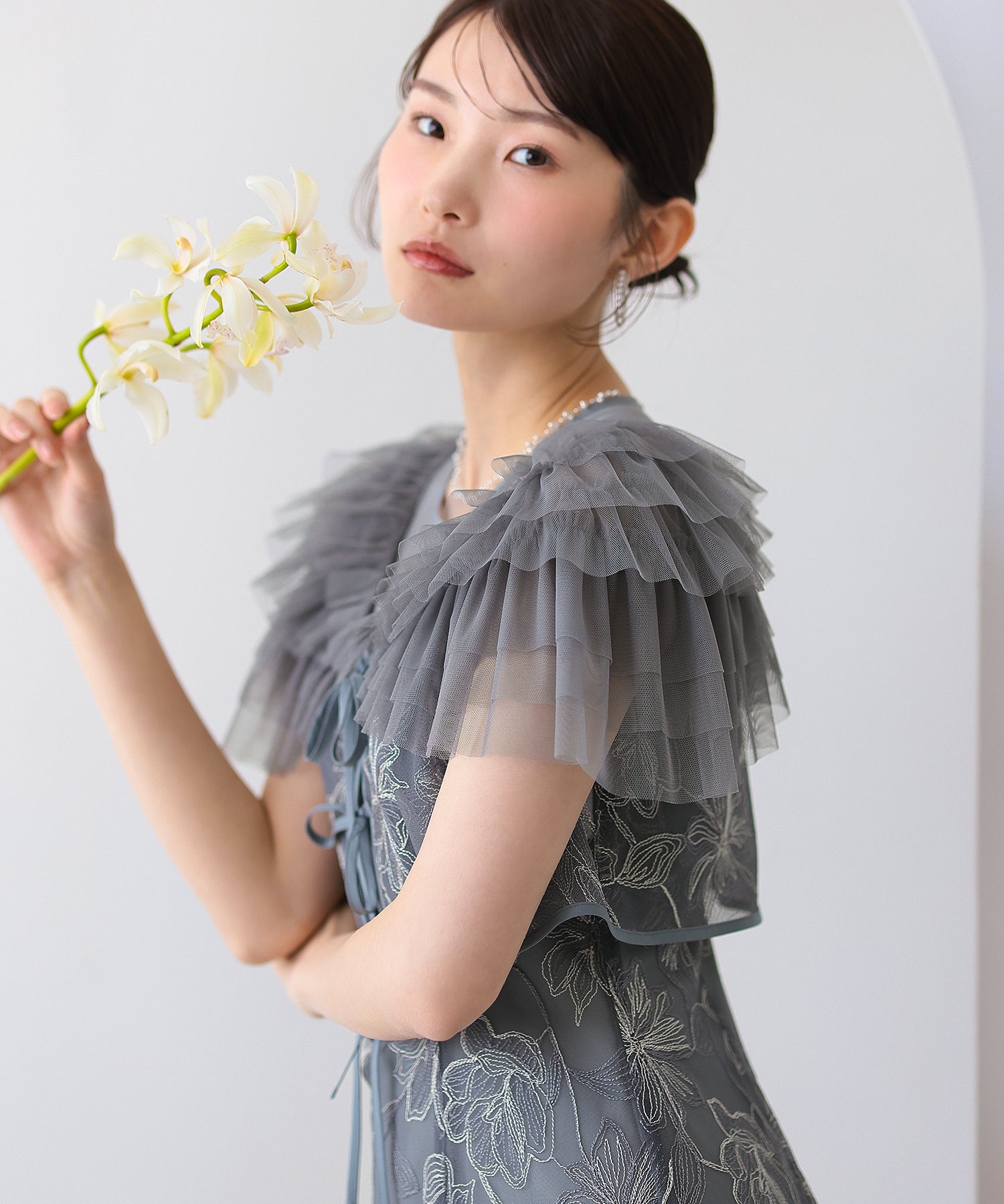 チュールフリルボレロ花柄刺繍レースマーメイドセットドレス