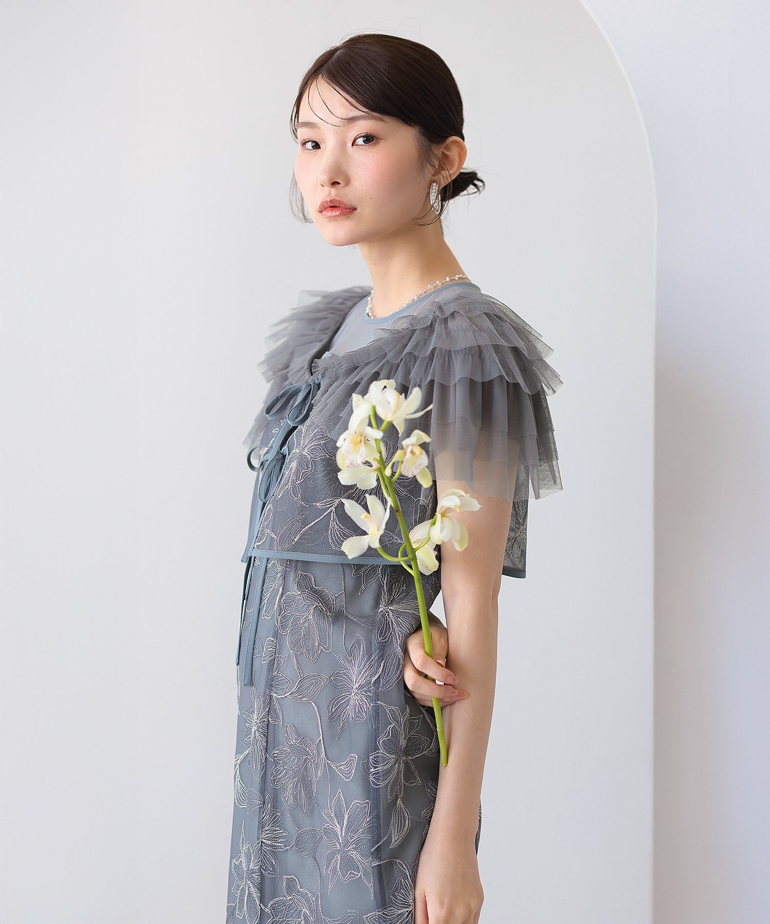 チュールフリルボレロ花柄刺繍レースマーメイドセットドレス