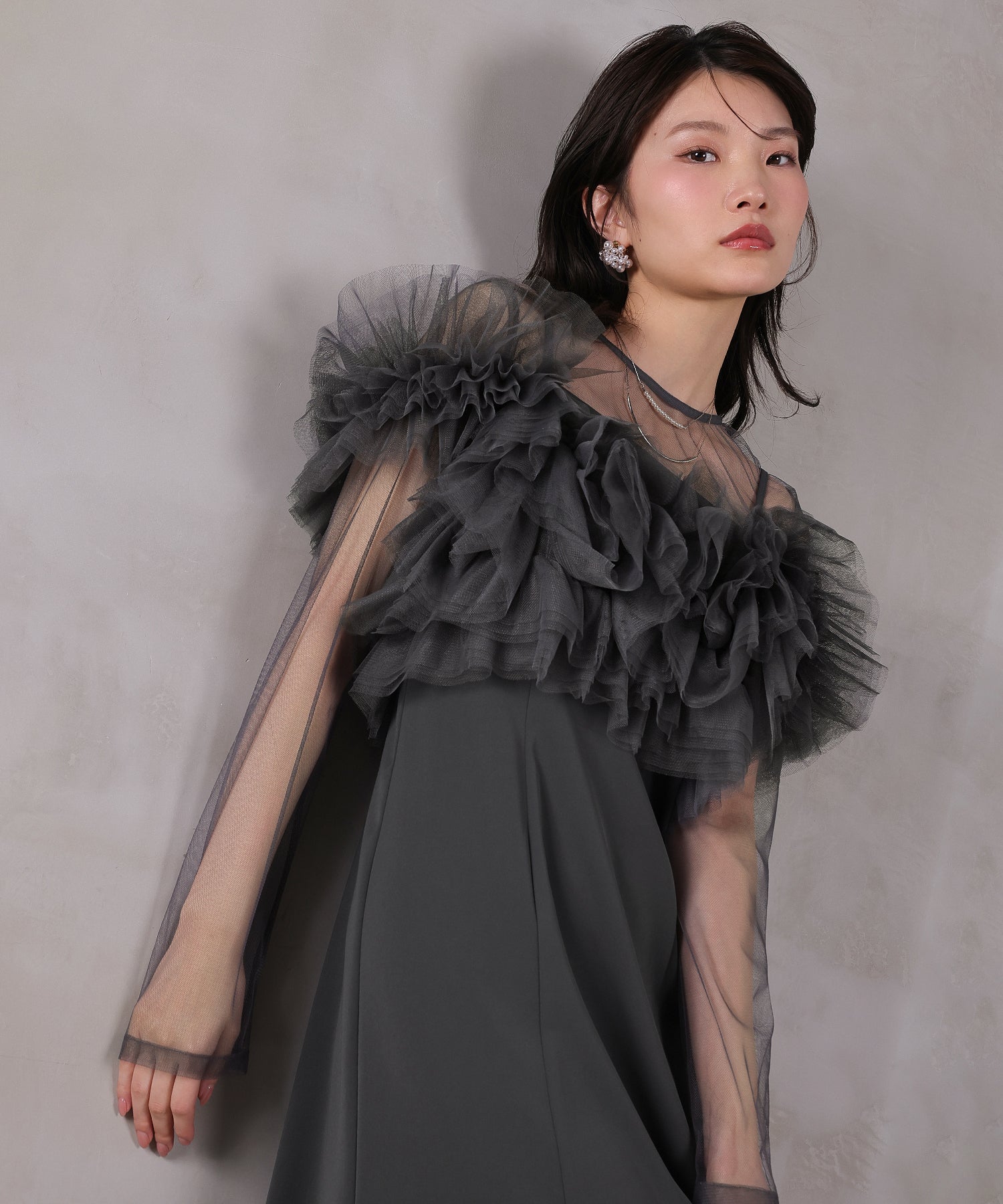 ボリュームチュール ラッフル レイヤー フレアワンピース ドレス
