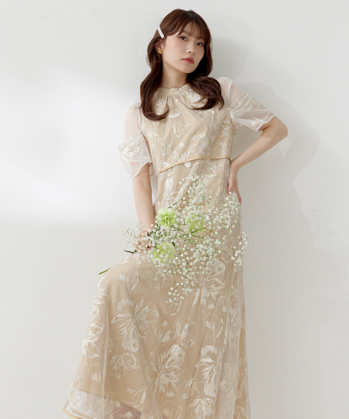 花柄刺繍レースアメスリタックスリーブフィットフレアドレス