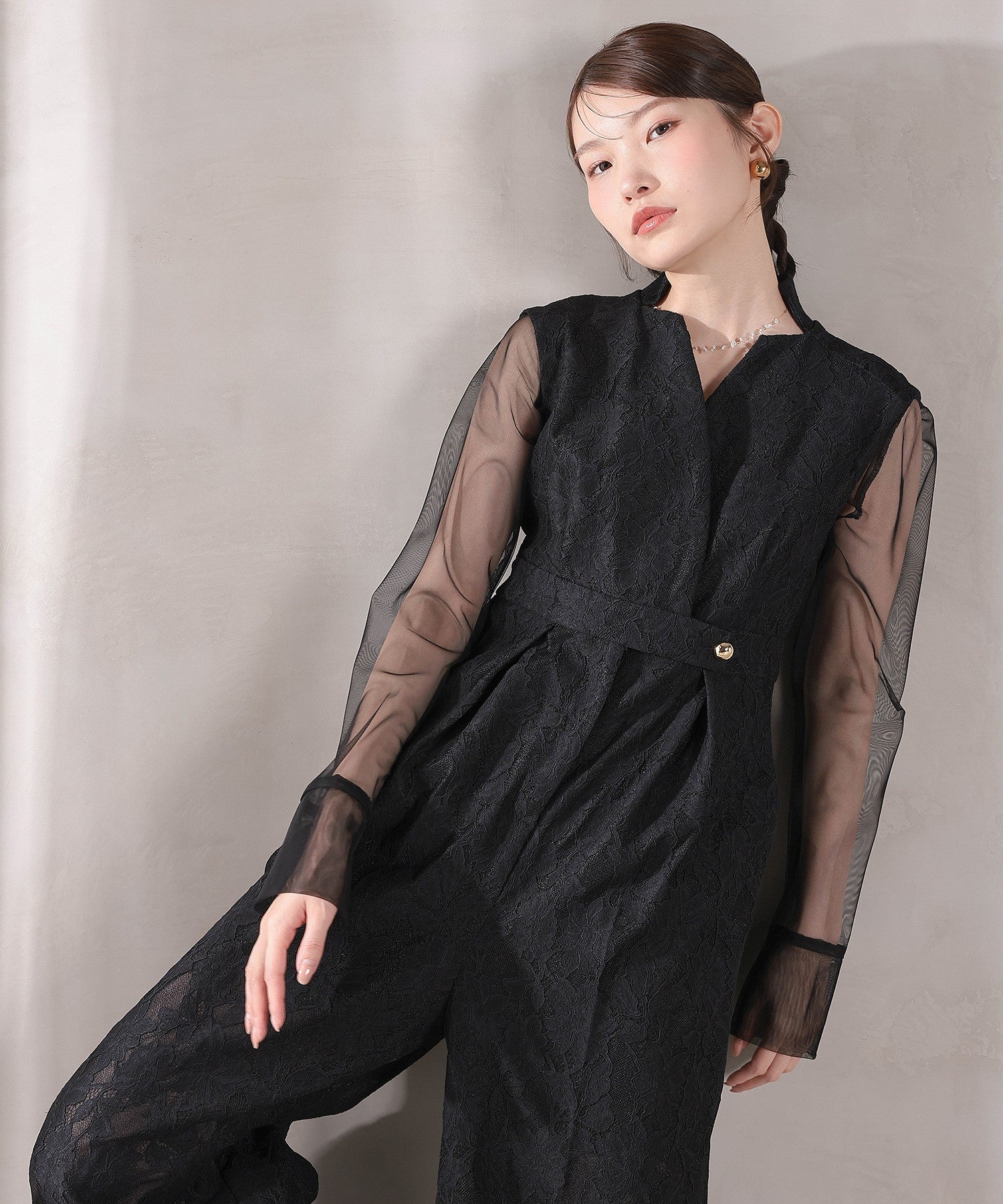 ボンディングレース オールインワン パンツドレス シアートップス 2点セット