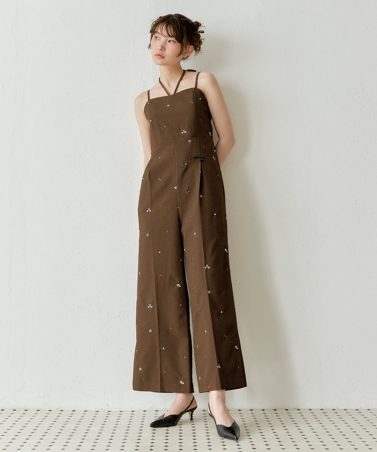 花柄刺繍オールインワンパンツドレス