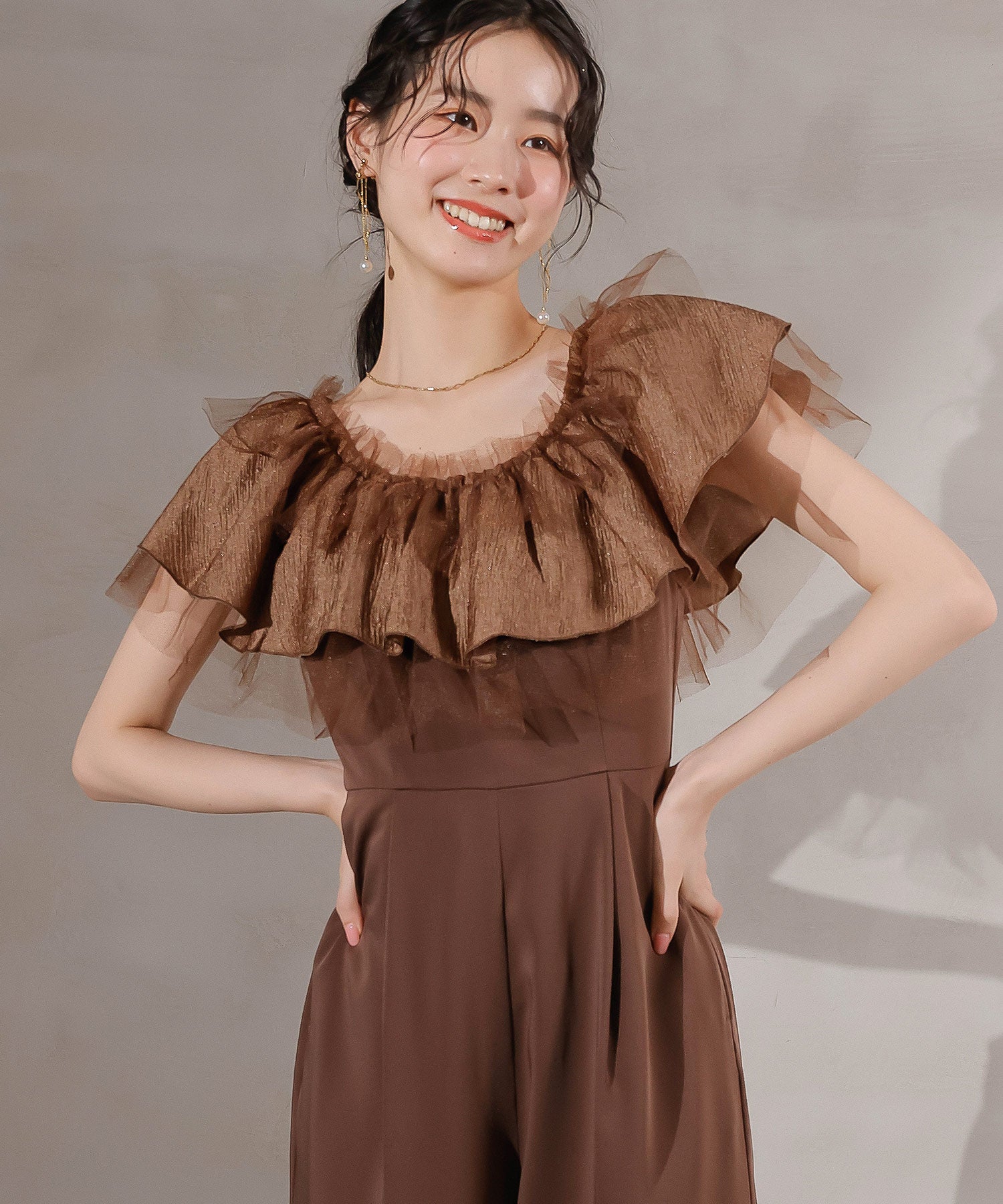 チュールフリル オフショル 2WAY パンツドレス