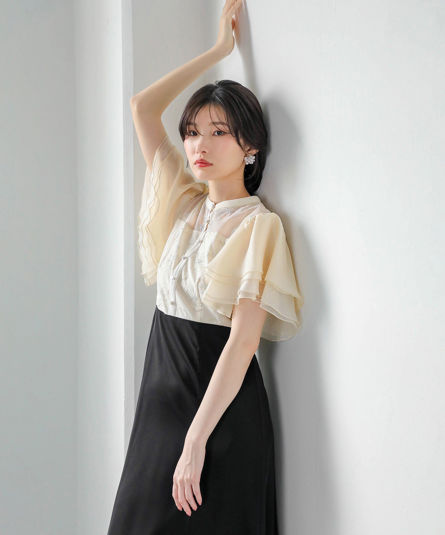 ラッフルスリーブ 刺繍レース ワンピース ドレス