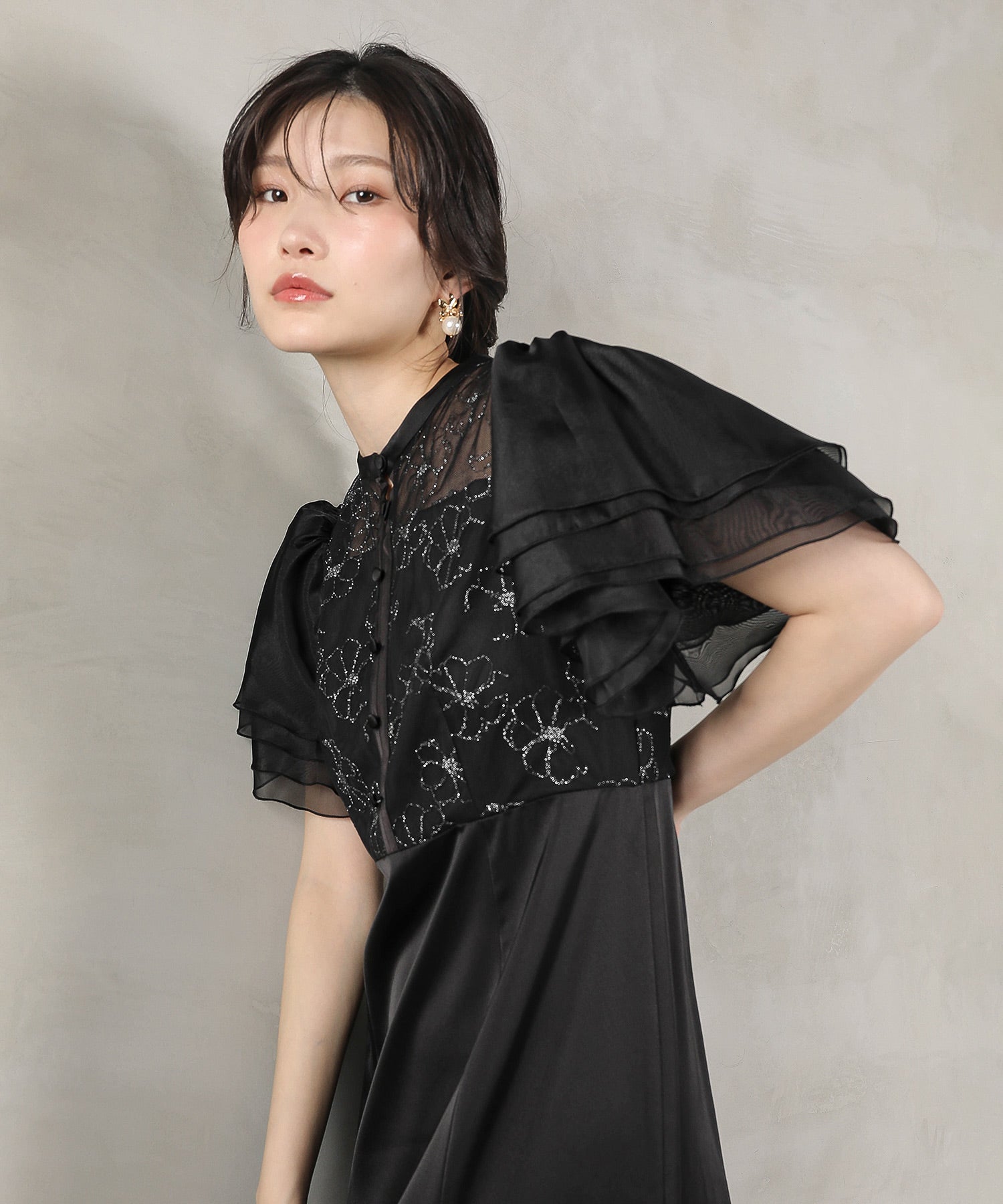 ラッフルスリーブ 刺繍レース ワンピース ドレス