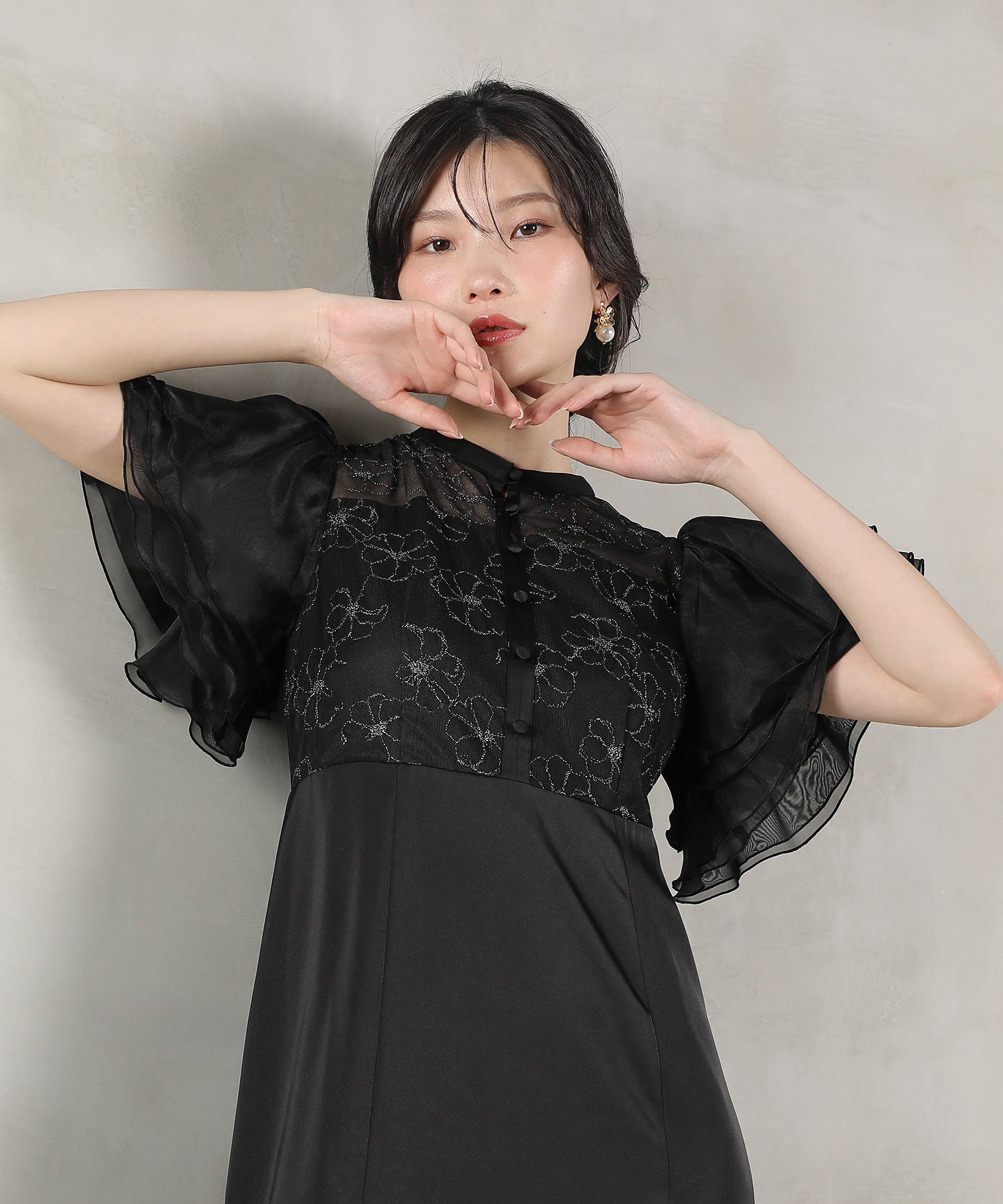 ラッフルスリーブ 刺繍レース ワンピース ドレス