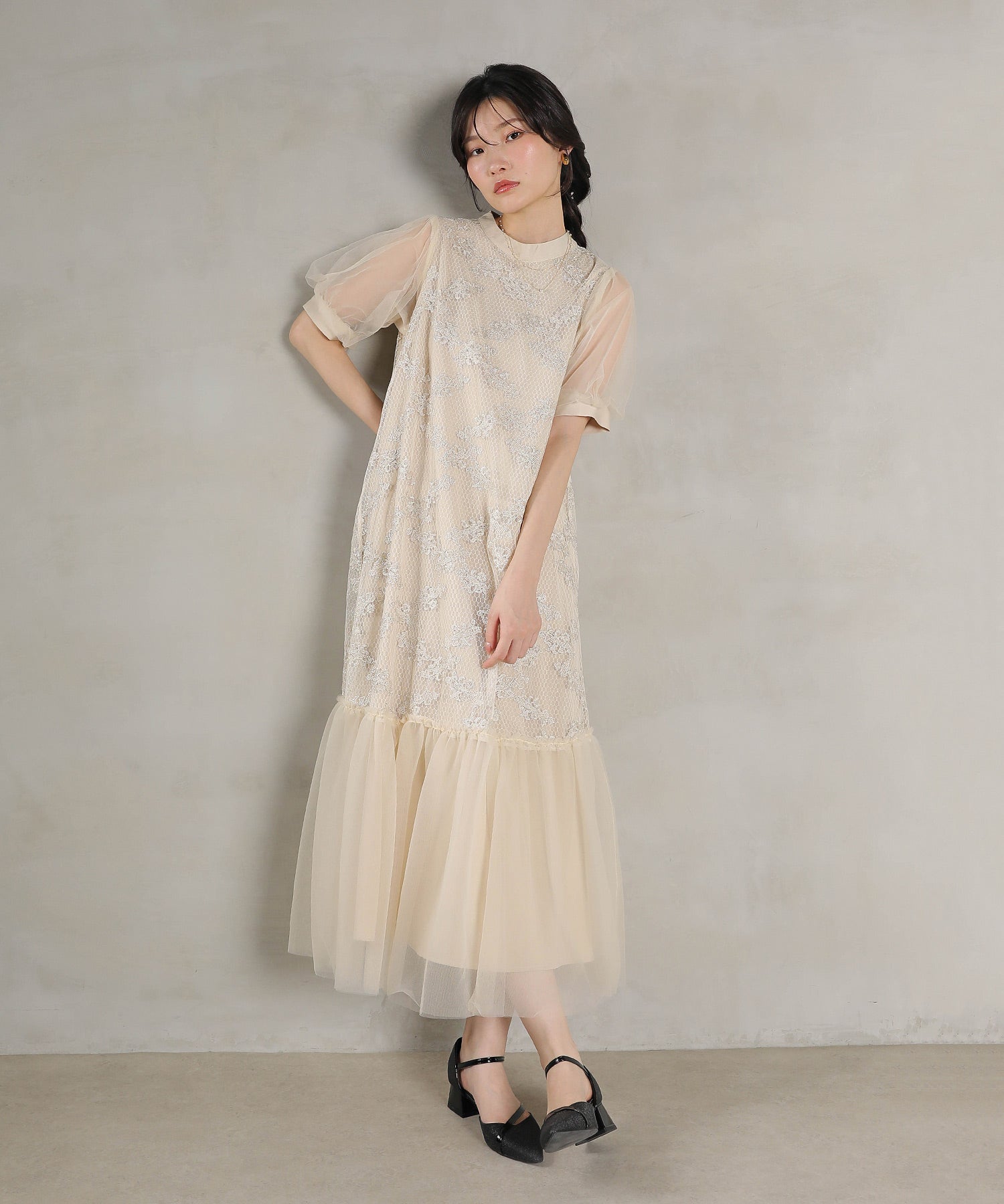 刺繍レース チュール Aライン ティアード ワンピース ドレス