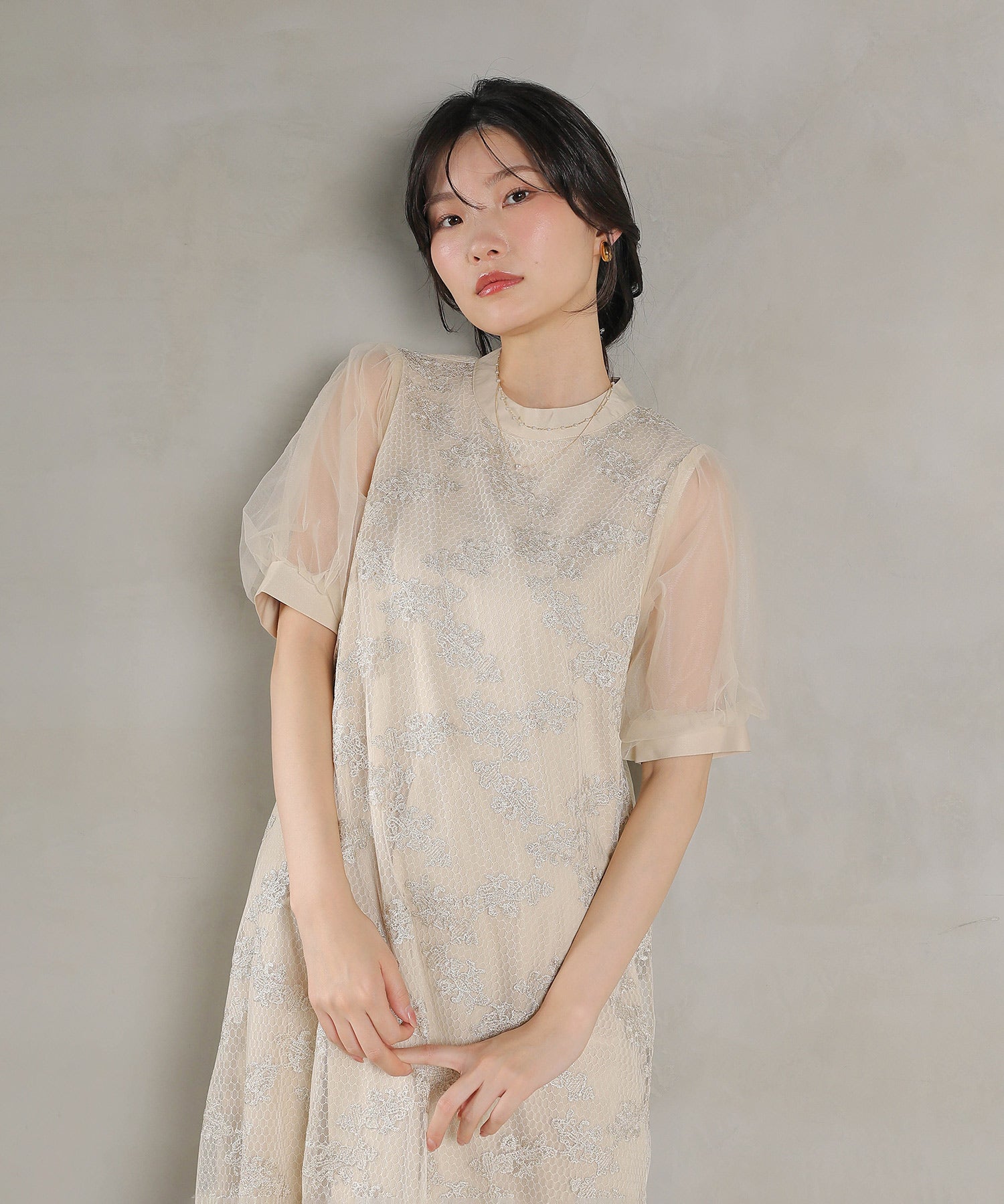 刺繍レース チュール Aライン ティアード ワンピース ドレス