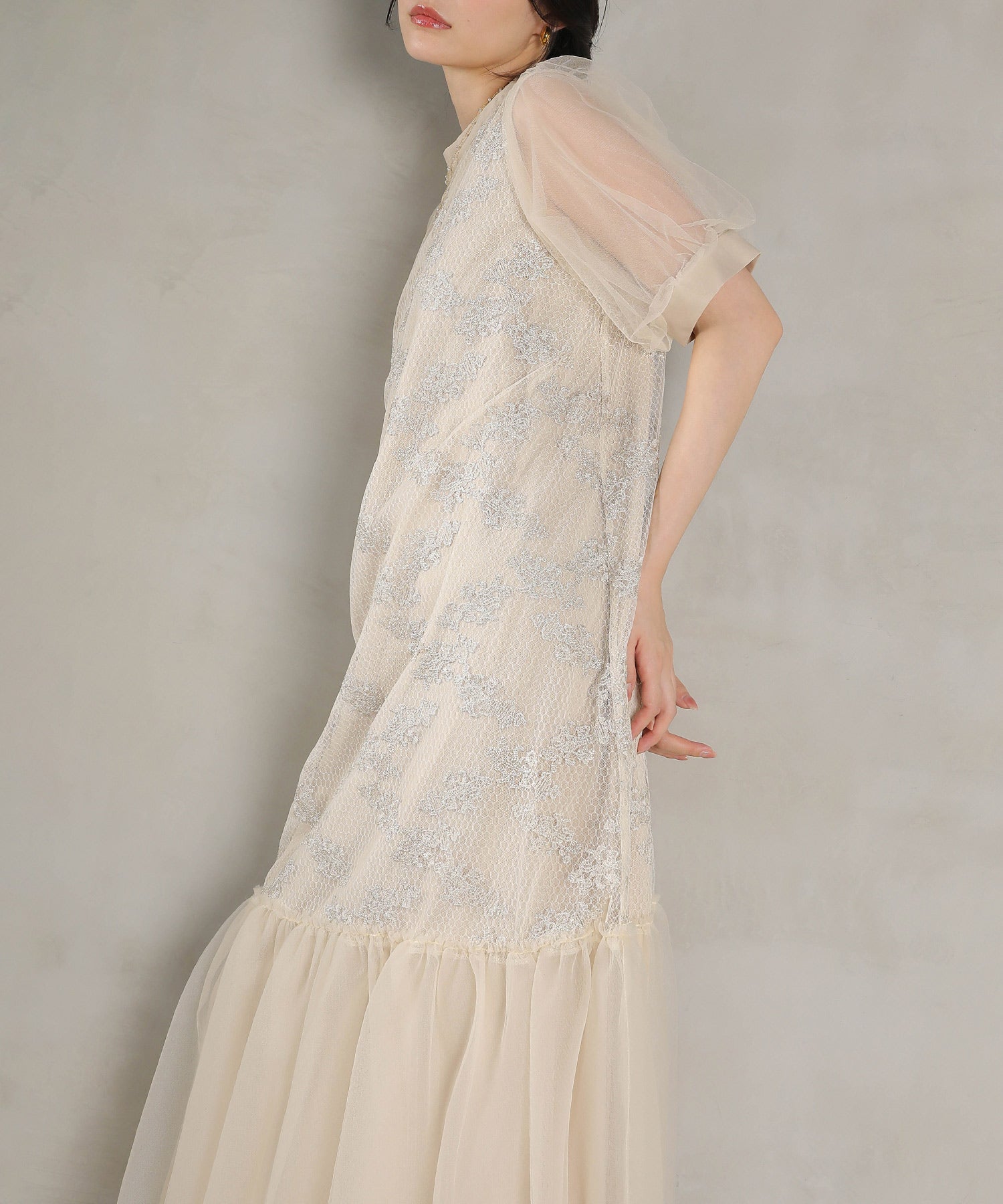 刺繍レース チュール Aライン ティアード ワンピース ドレス