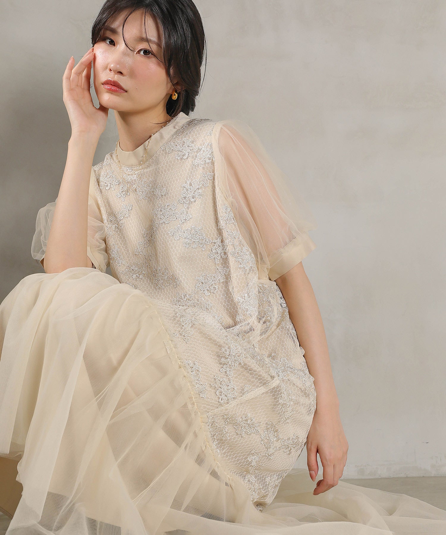 刺繍レース チュール Aライン ティアード ワンピース ドレス