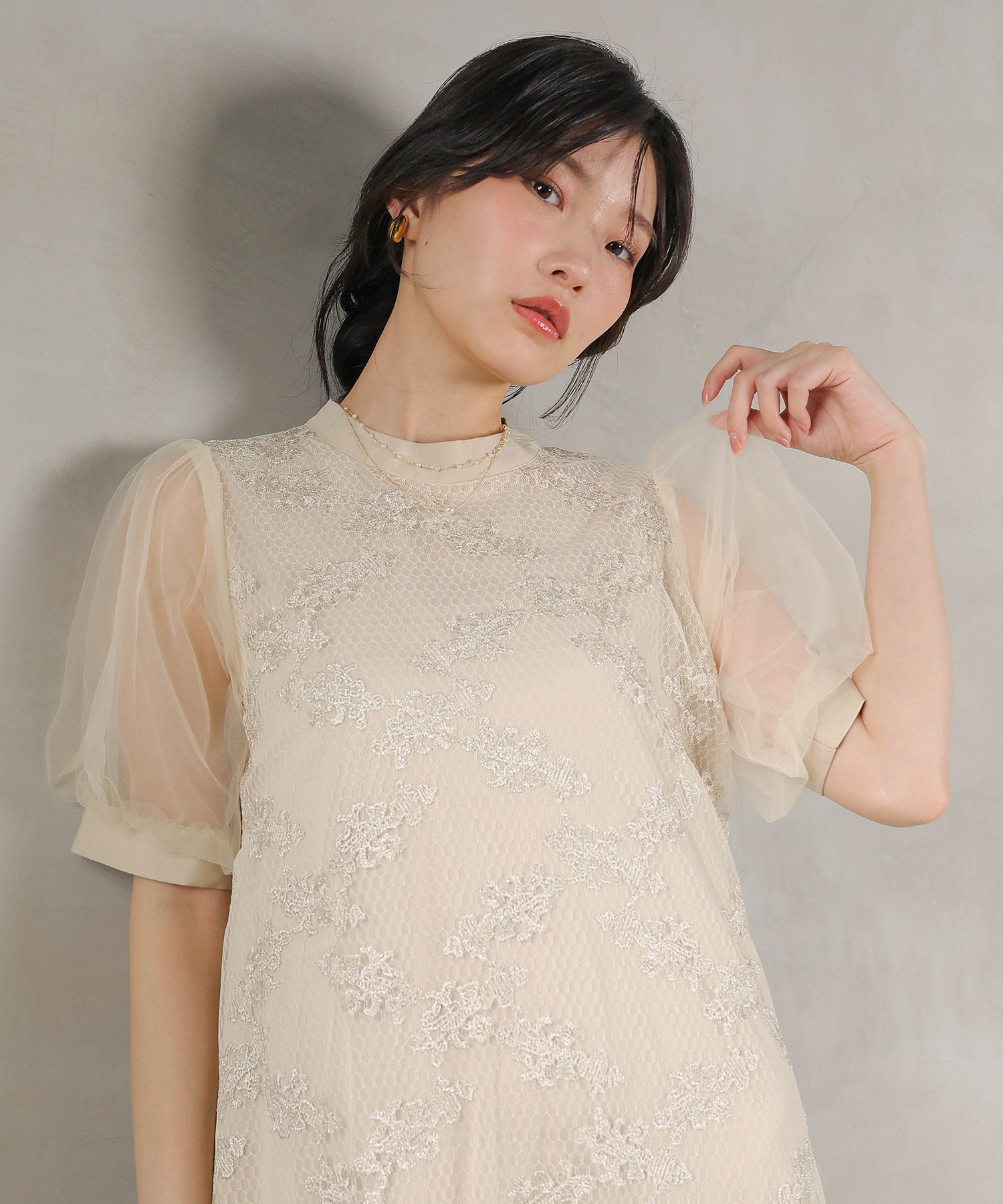 刺繍レース チュール Aライン ティアード ワンピース ドレス