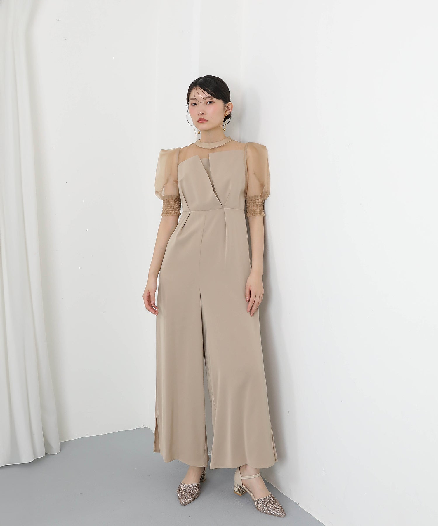 シアーチュールフレンチスリーブハイウエストパンツドレス