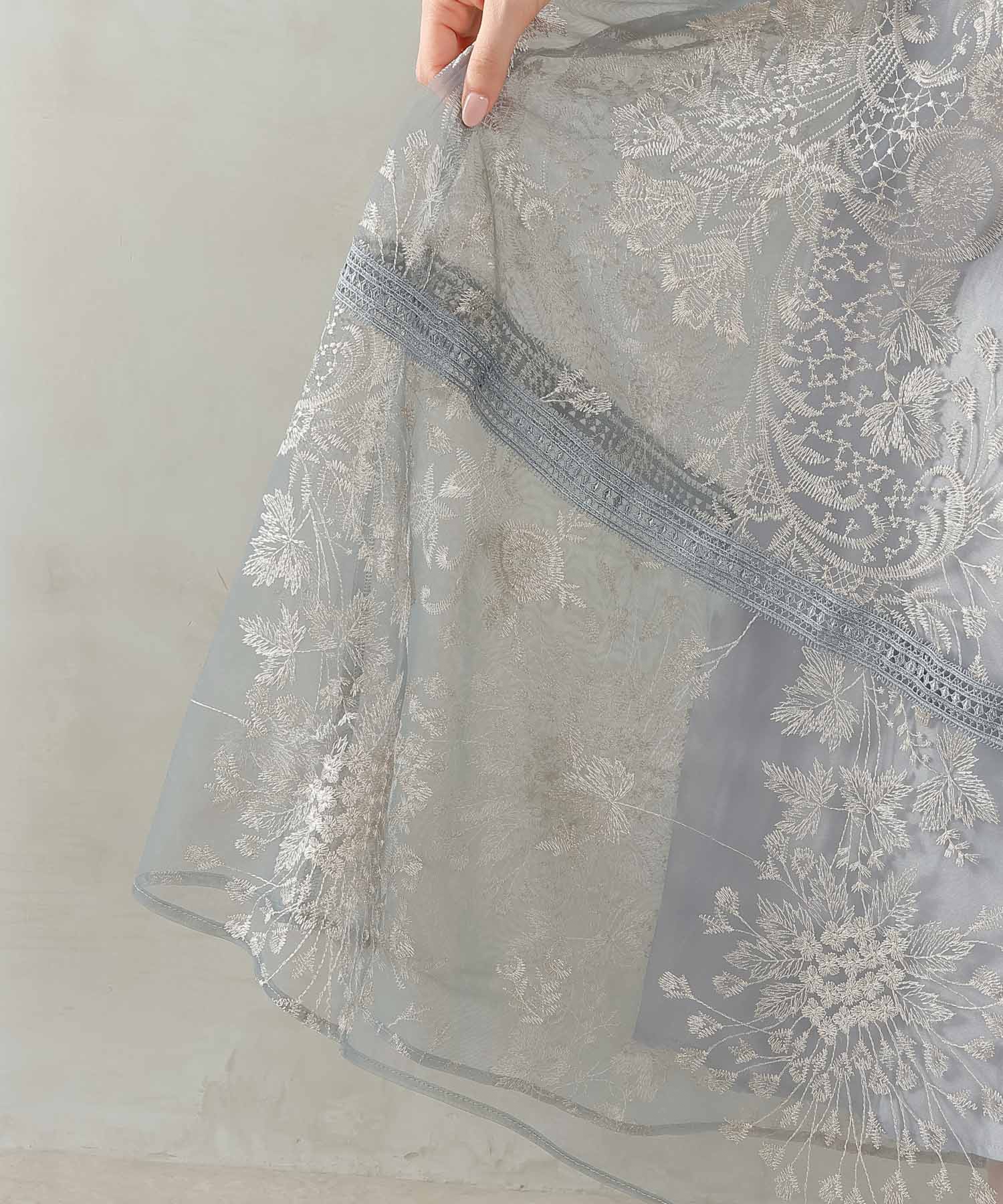 シック フラワー刺繍 ラダーレース フレア パーティー ドレス 結婚式 お呼ばれ オケージョン