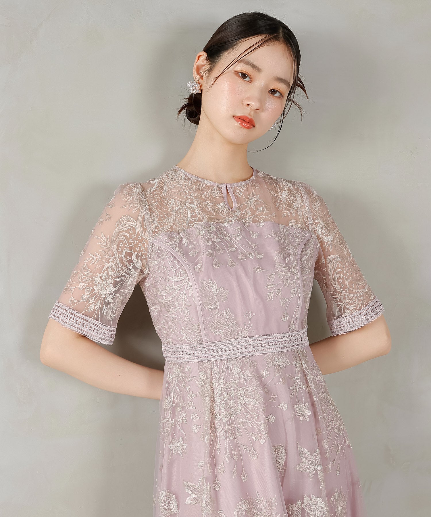 シック フラワー刺繍 ラダーレース フレア パーティー ドレス 結婚式 お呼ばれ オケージョン