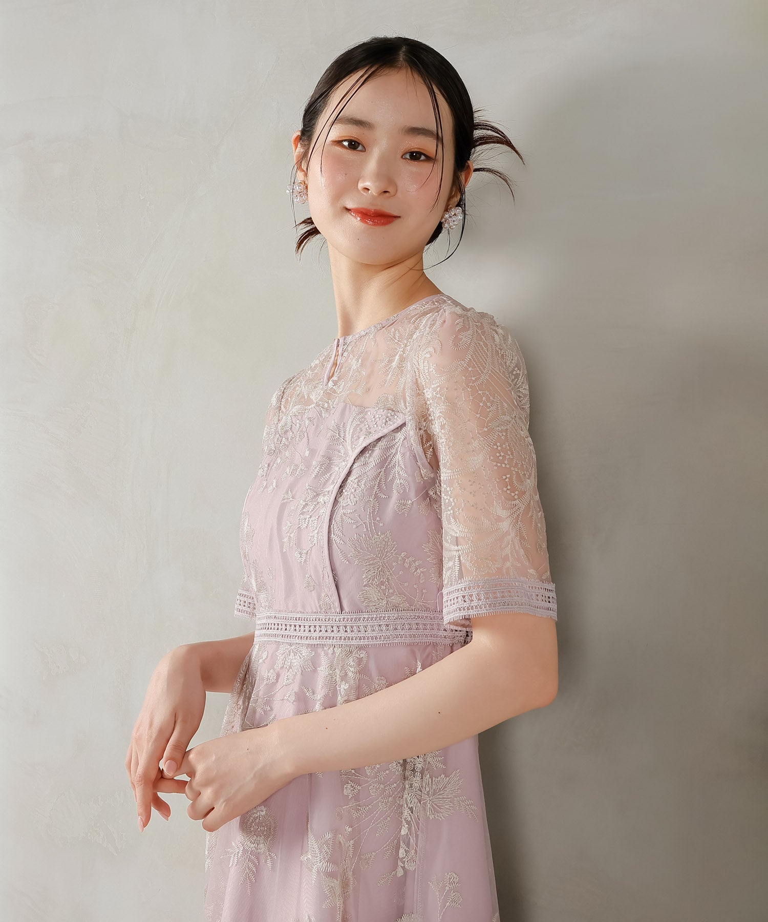 シック フラワー刺繍 ラダーレース フレア パーティー ドレス 結婚式 お呼ばれ オケージョン