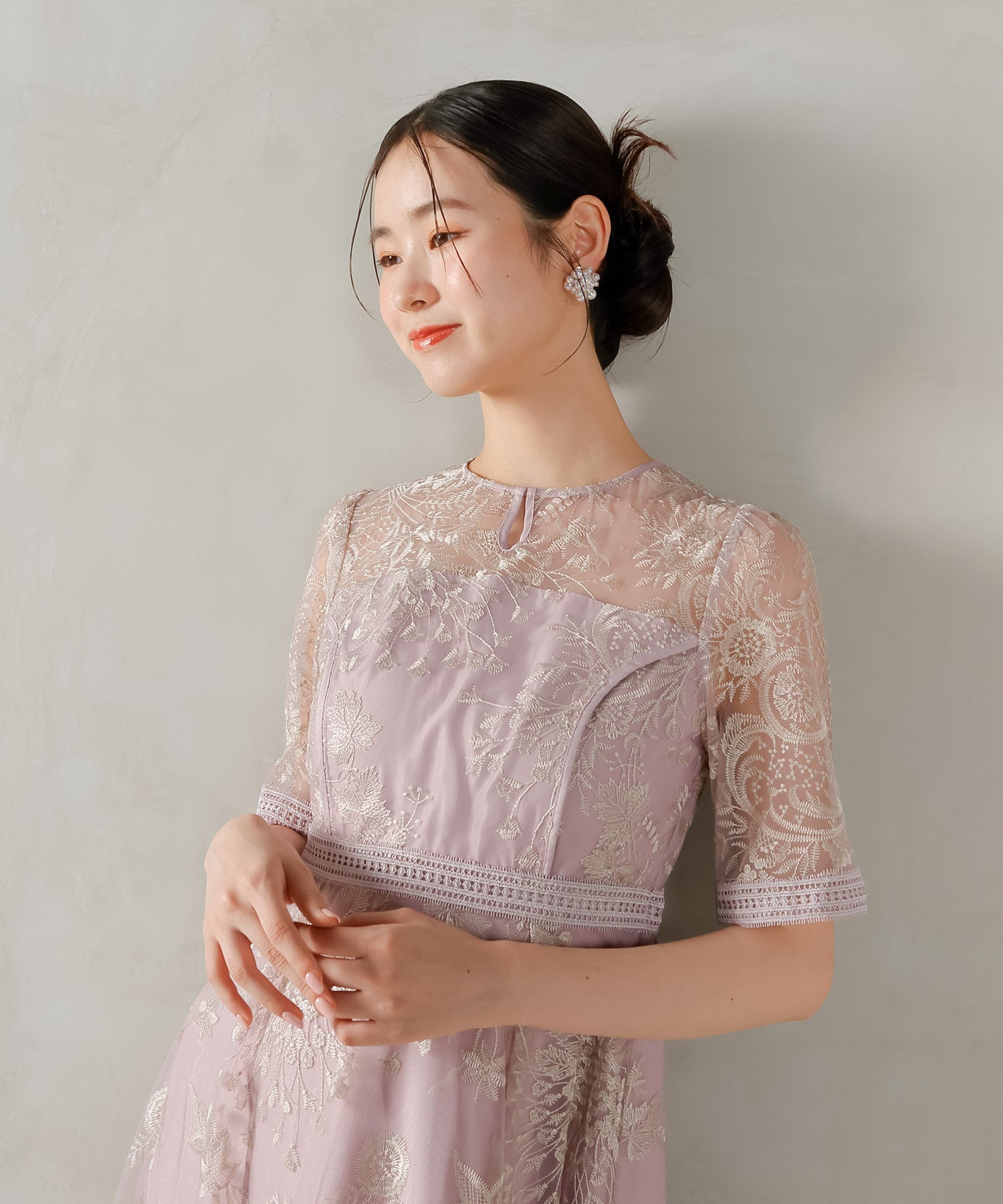 シック フラワー刺繍 ラダーレース フレア パーティー ドレス 結婚式 お呼ばれ オケージョン