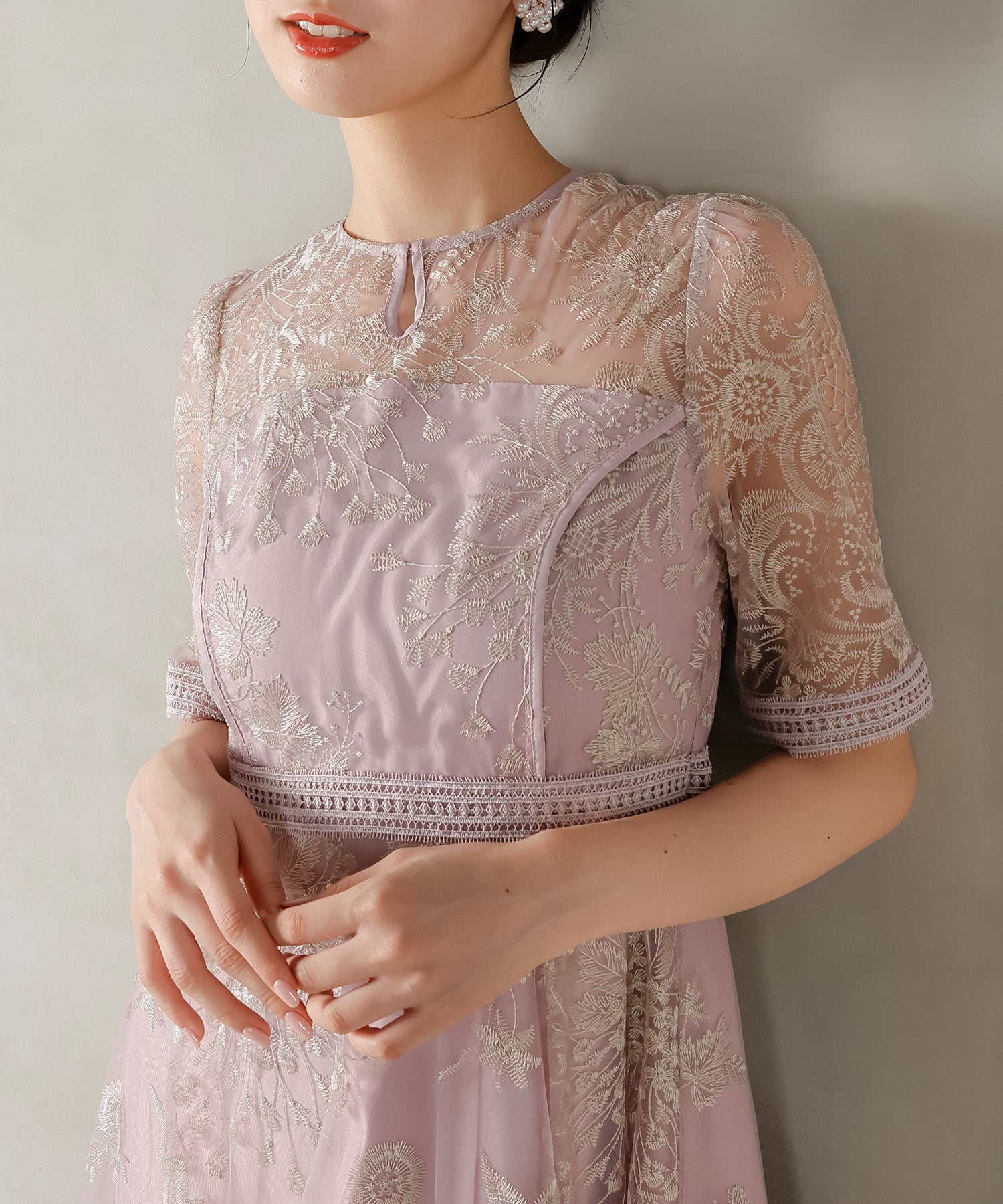 シック フラワー刺繍 ラダーレース フレア パーティー ドレス 結婚式 お呼ばれ オケージョン