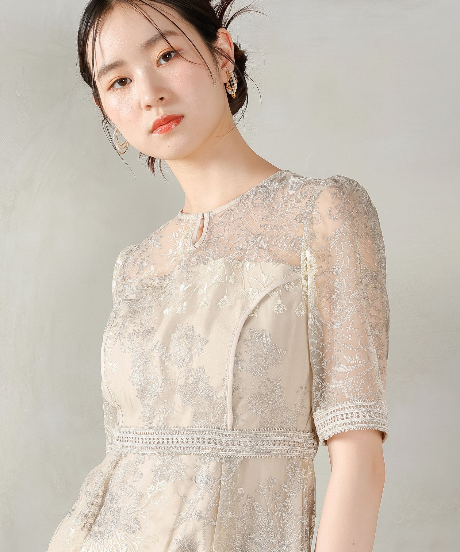 シック フラワー刺繍 ラダーレース フレア パーティー ドレス 結婚式 お呼ばれ オケージョン
