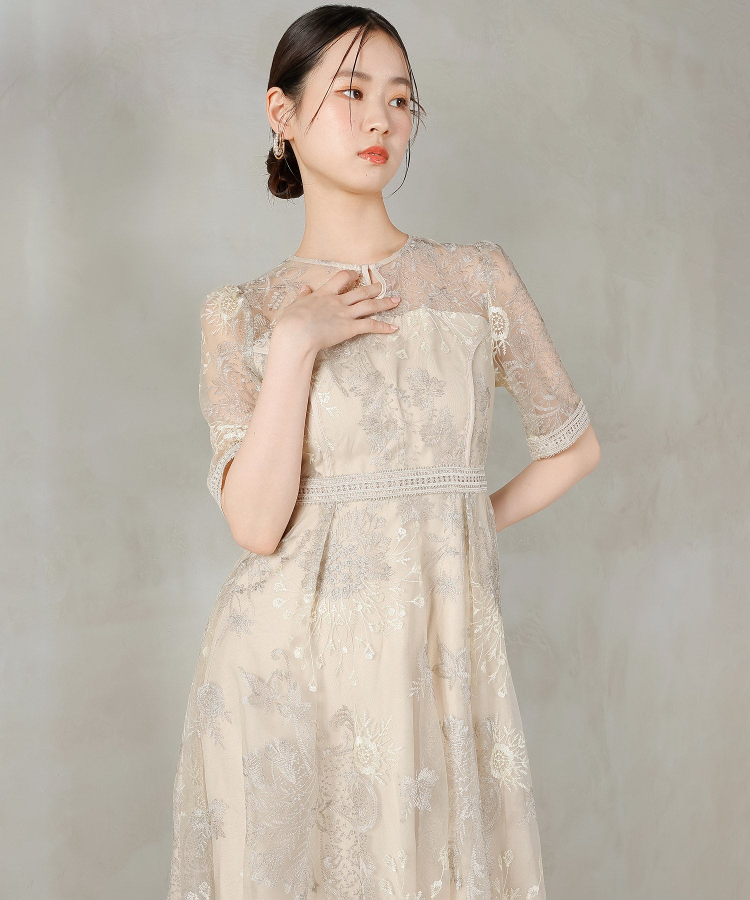 シック フラワー刺繍 ラダーレース フレア パーティー ドレス 結婚式 お呼ばれ オケージョン