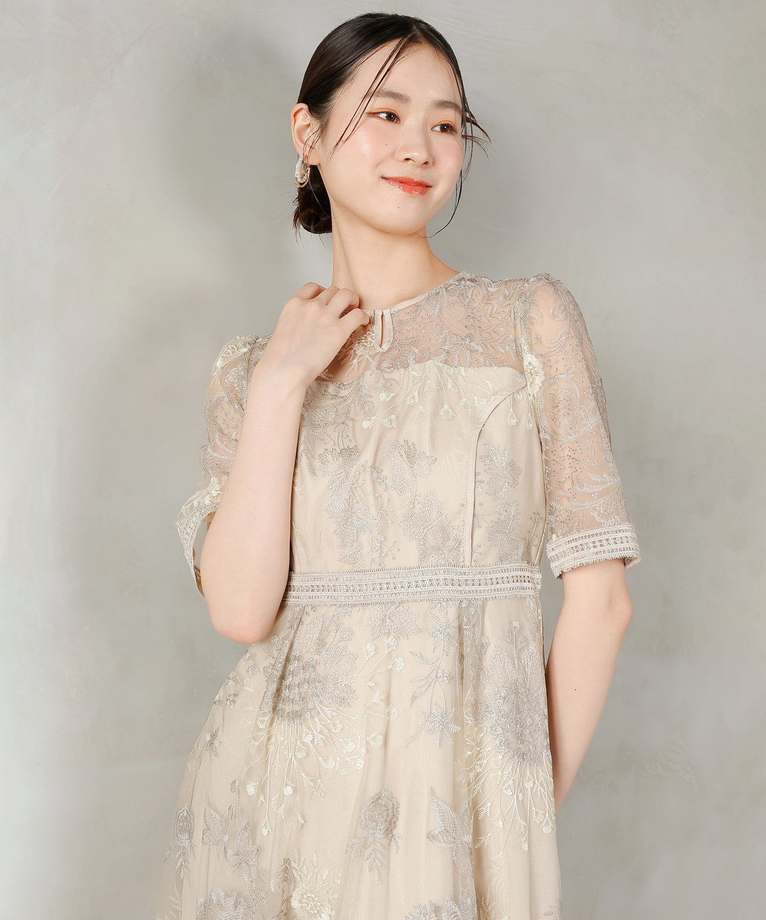 シック フラワー刺繍 ラダーレース フレア パーティー ドレス 結婚式 お呼ばれ オケージョン