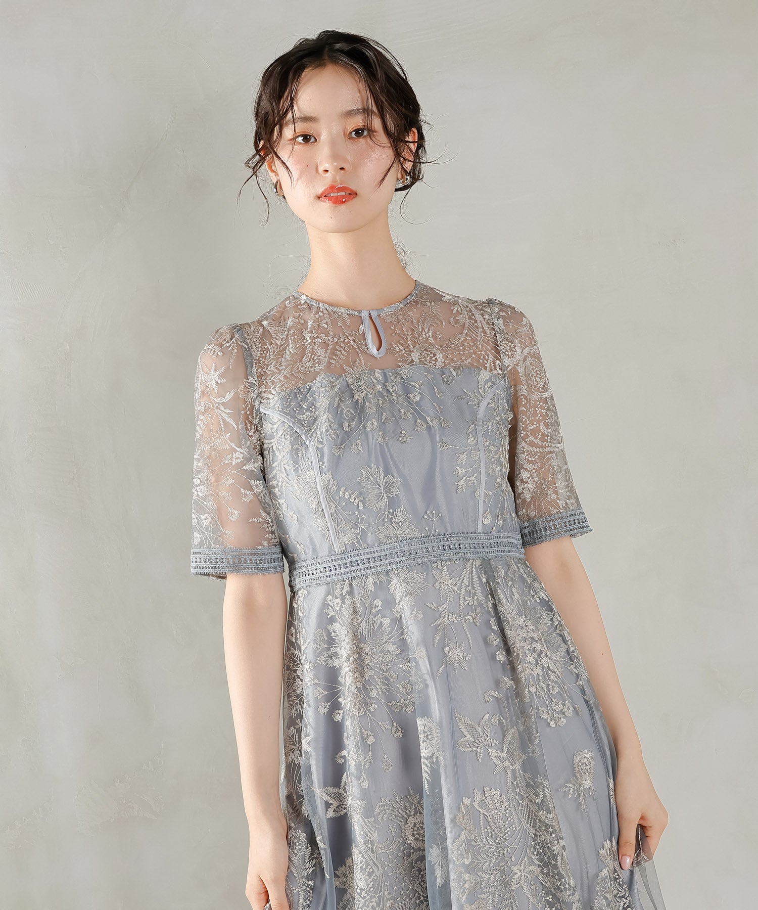 シック フラワー刺繍 ラダーレース フレア パーティー ドレス 結婚式 お呼ばれ オケージョン