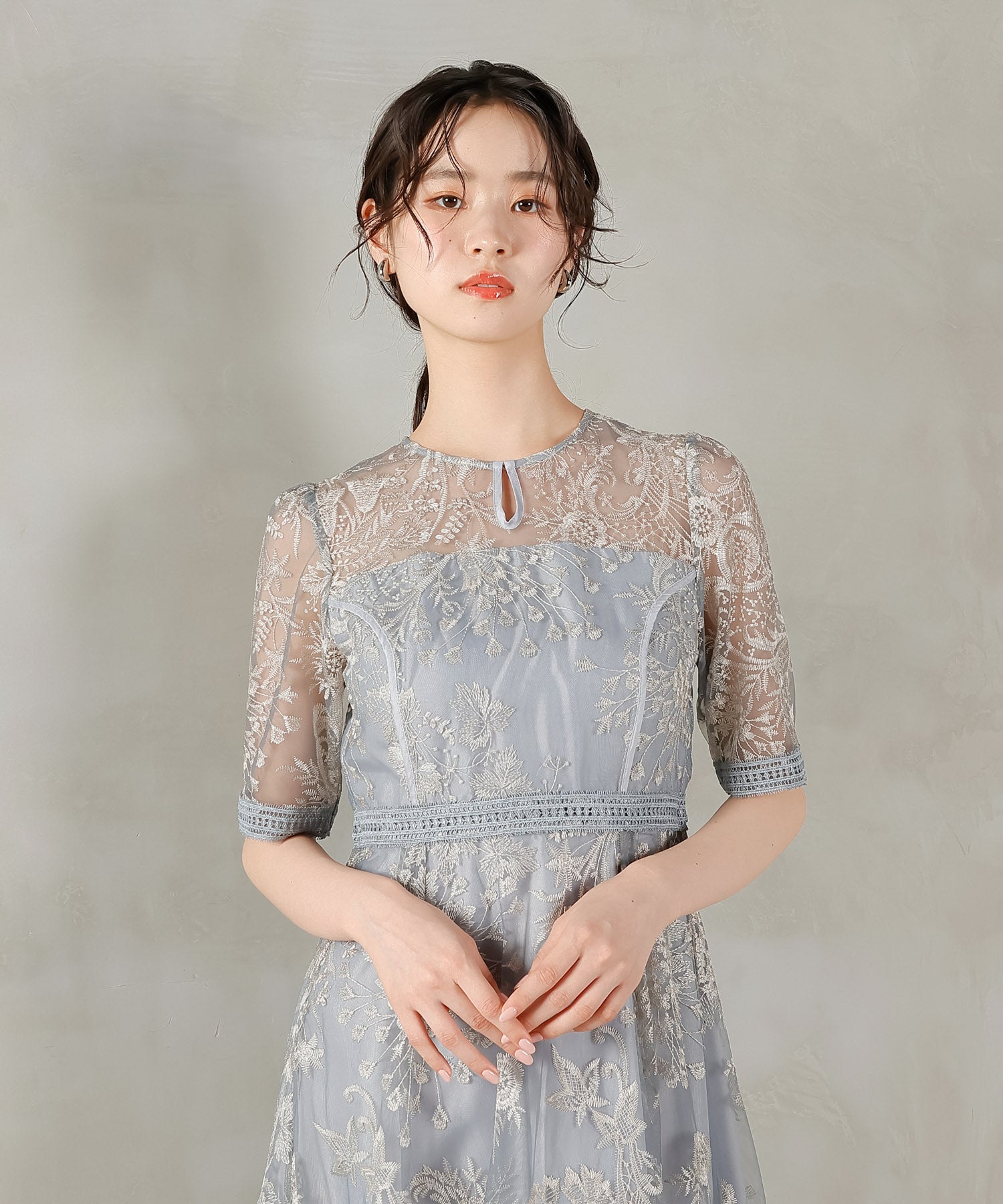 シック フラワー刺繍 ラダーレース フレア パーティー ドレス 結婚式 お呼ばれ オケージョン