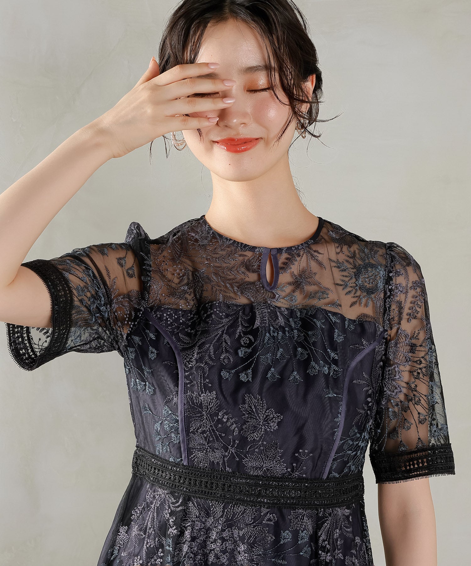 シック フラワー刺繍 ラダーレース フレア パーティー ドレス 結婚式 お呼ばれ オケージョン
